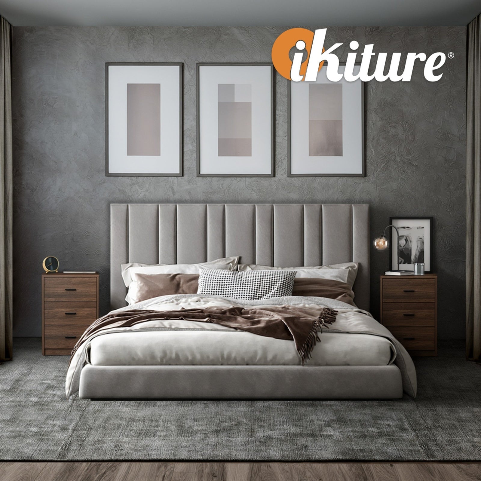 Oikiture Bedside Table 3 Drawers Nightstand Bedroom Storage Side End Walnut - Sunyee