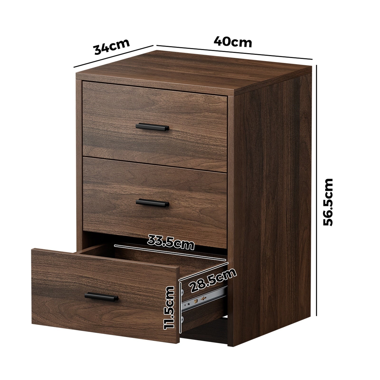 Oikiture Bedside Table 3 Drawers Nightstand Bedroom Storage Side End Walnut - Sunyee