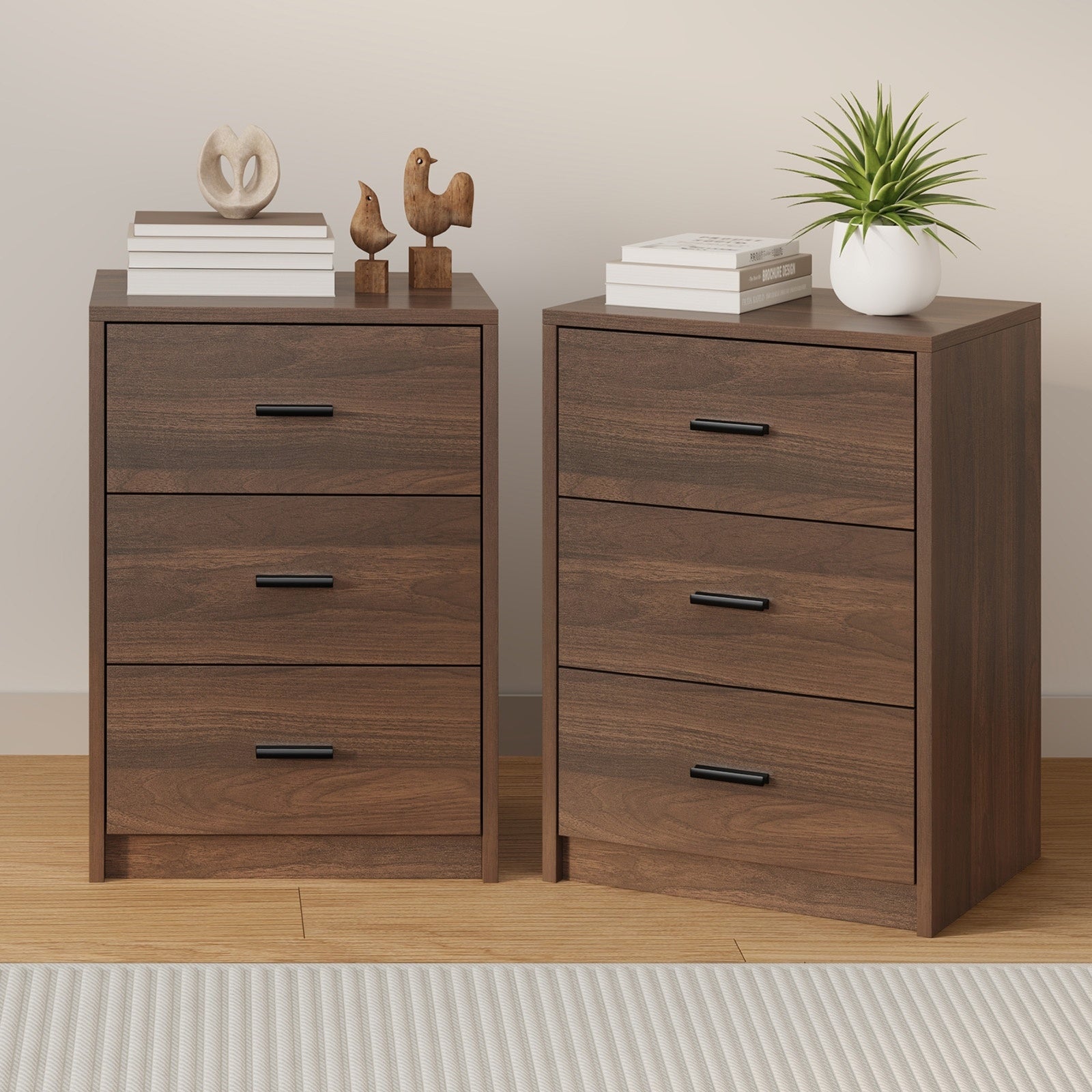 Oikiture 2x Bedside Table 3 Drawers Nightstand Bedroom Storage Side End Walnut - Sunyee