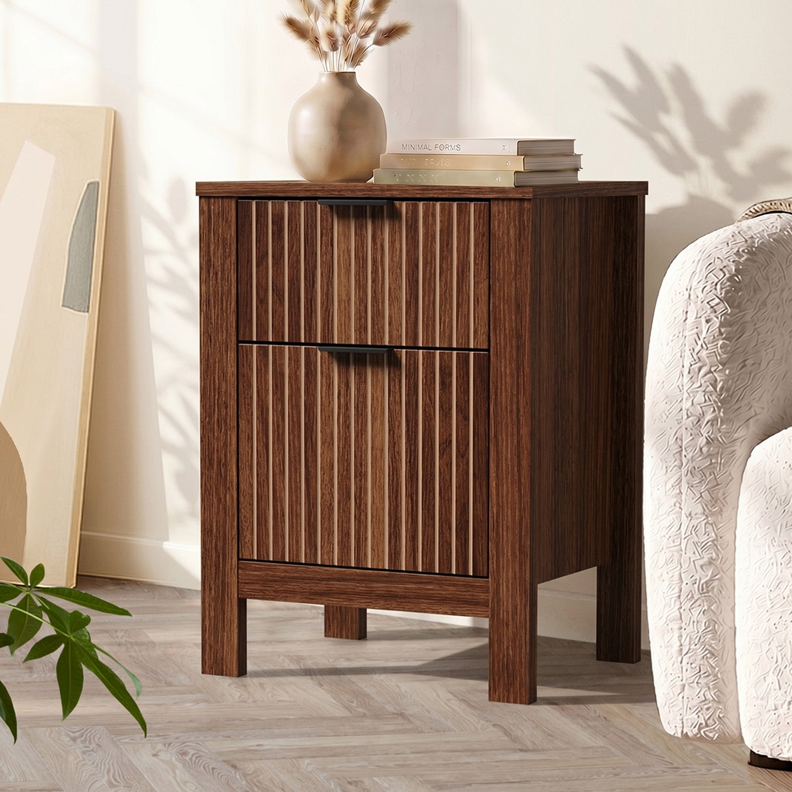Oikiture Modern Bedside Table Nightstand Drawer Shelf Door Cabinet Walnut