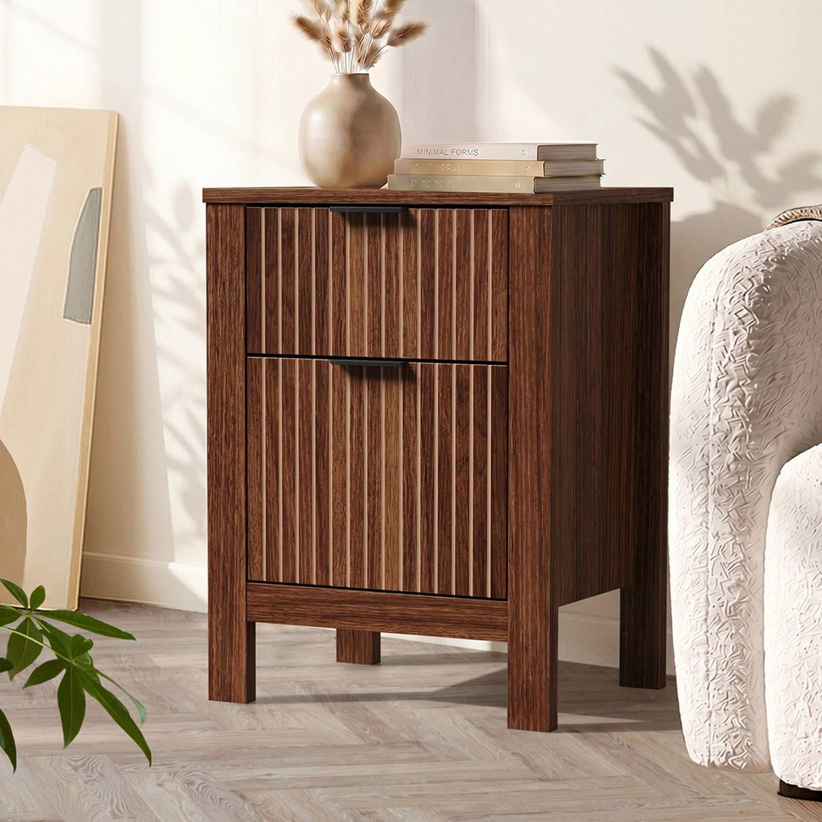 Oikiture 2pc Modern Bedside Table Nightstand Drawer Shelf Door Cabinet Walnut