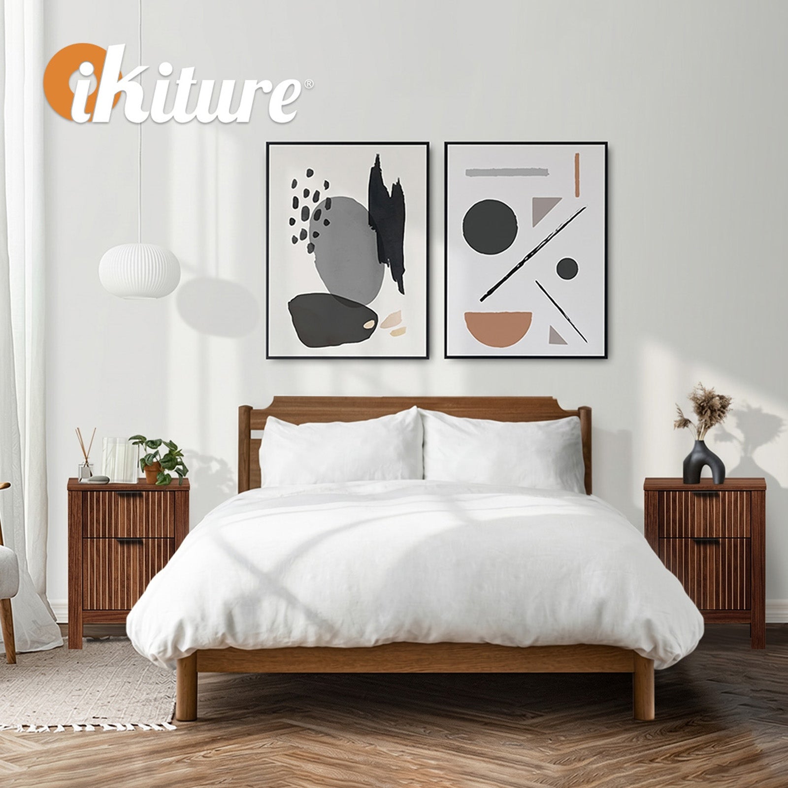 Oikiture 2pc Modern Bedside Table Nightstand Drawer Shelf Door Cabinet Walnut