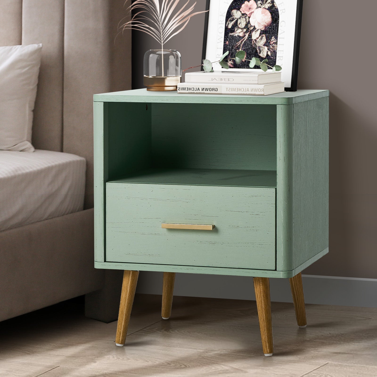 Oikiture Bedside Table 1 Drawer Open Shelf Side End Tables Nightstand Green - Sunyee