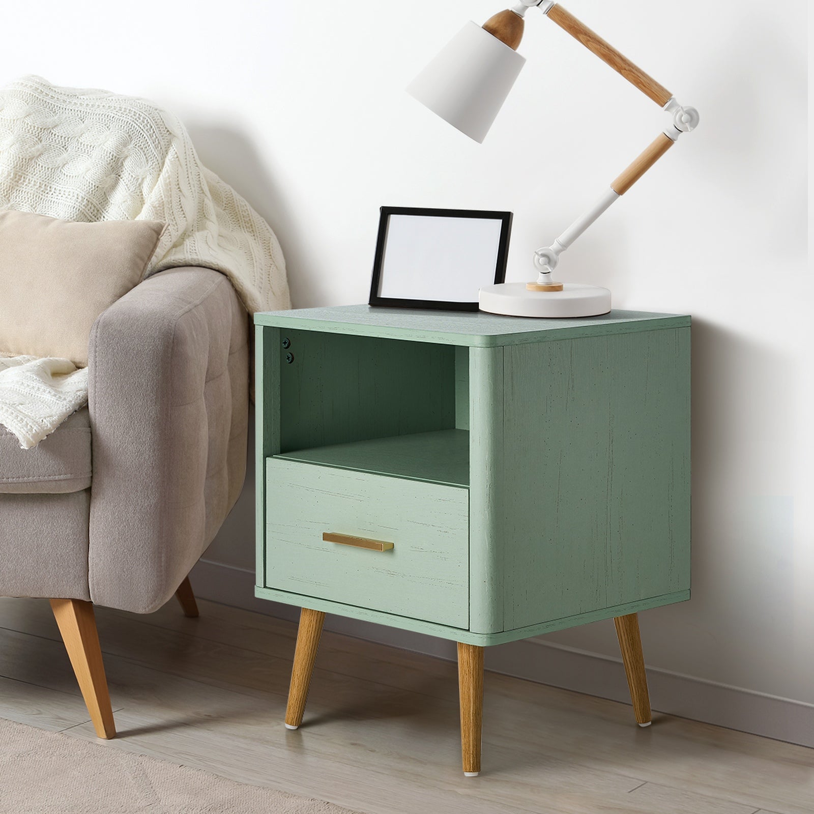 Oikiture Bedside Table 1 Drawer Open Shelf Side End Tables Nightstand Green - Sunyee