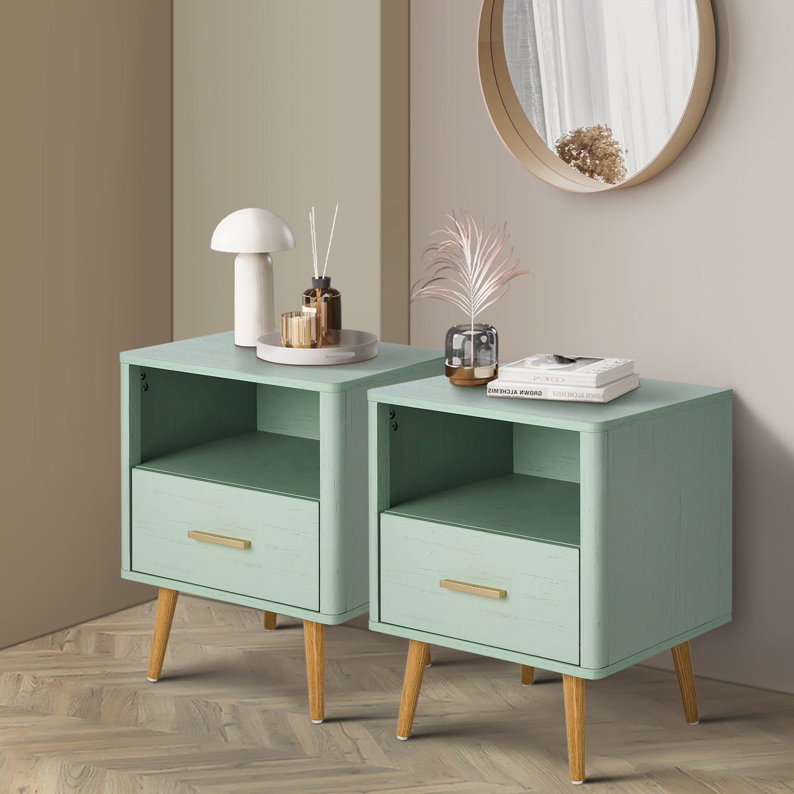Oikiture 2x Bedside Table 1 Drawer Open Shelf Side End Tables Nightstand Green - Sunyee