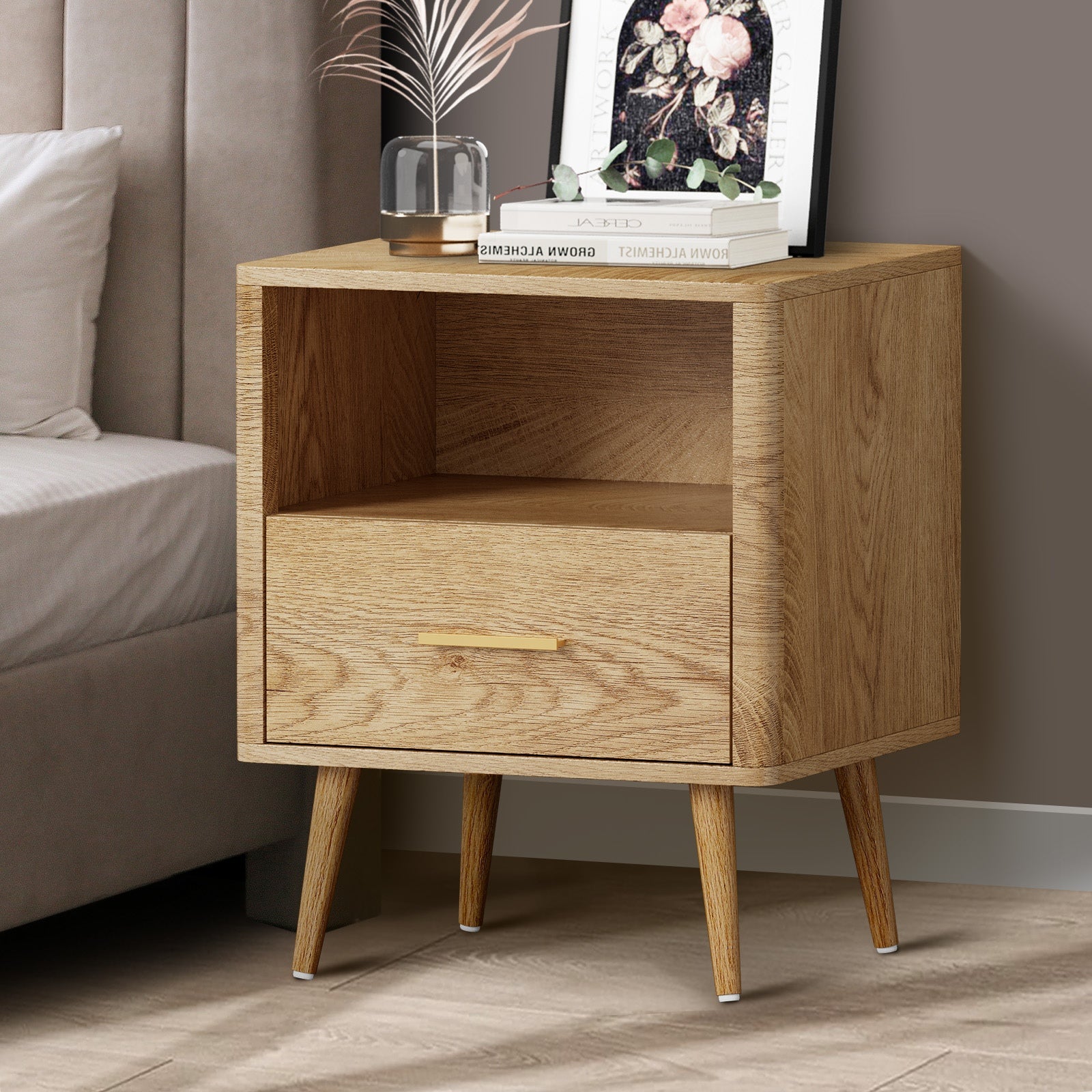 Oikiture Bedside Table 1 Drawer Open Shelf Side End Tables Nightstand Natural - Sunyee