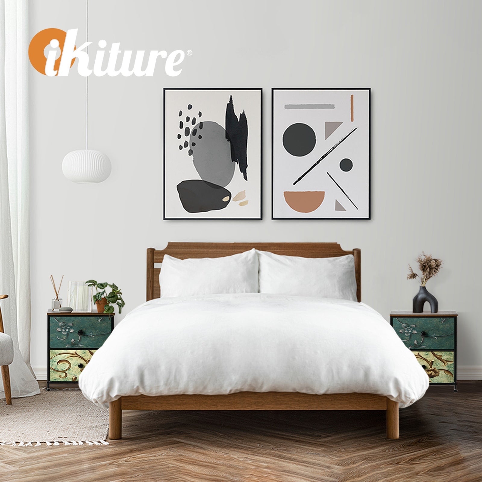 Oikiture 2pc Bedside Tables Fabric Storage Cabinet 2 Drawers Dresser Nightstand - Sunyee
