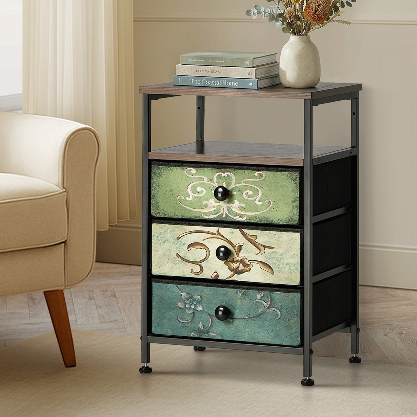 Oikiture Bedside Table Fabric Nightstand 3 Drawers Retro End Table Shelf - Sunyee