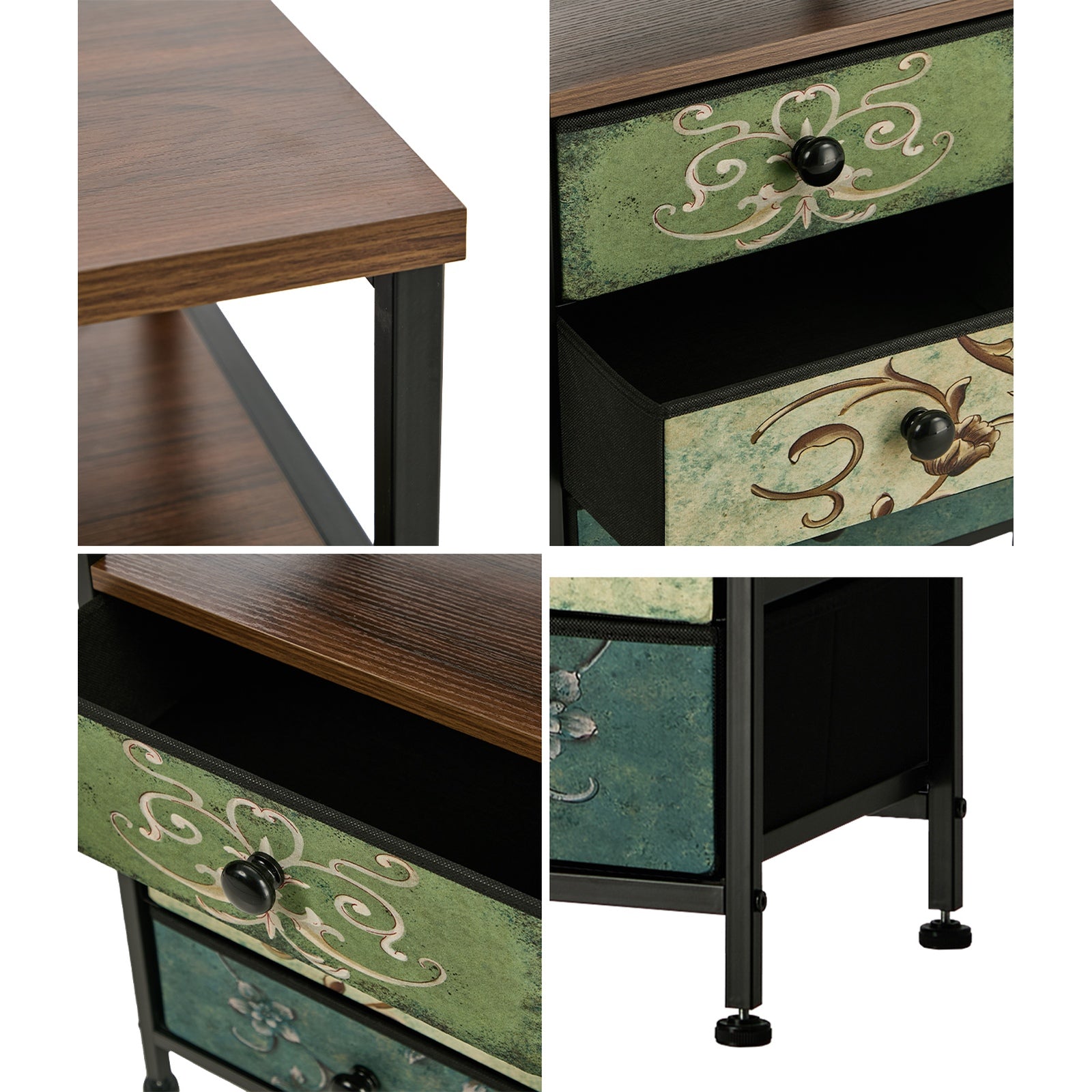 Oikiture Bedside Table Fabric Nightstand 3 Drawers Retro End Table Shelf - Sunyee