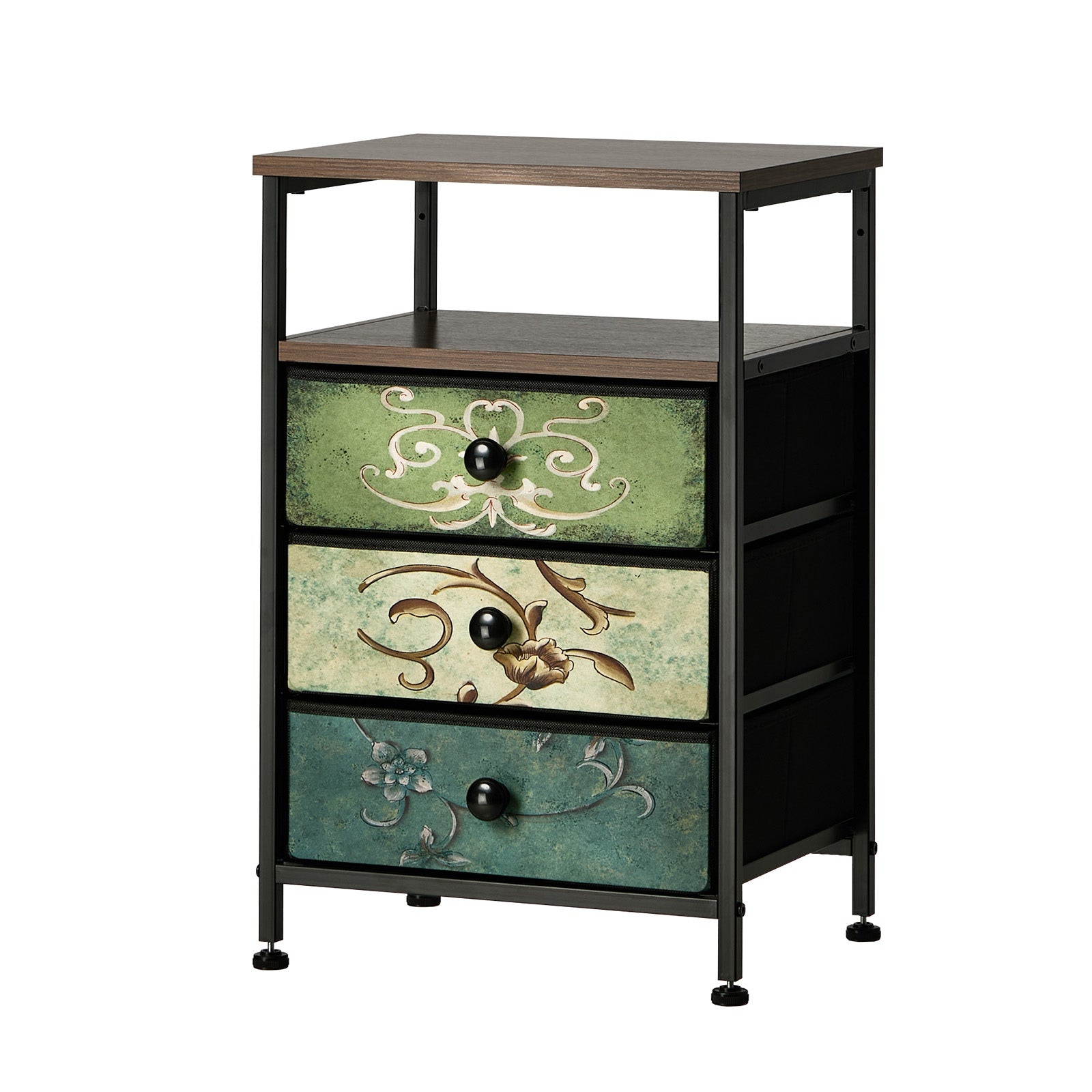 Oikiture Bedside Table Fabric Nightstand 3 Drawers Retro End Table Shelf - Sunyee