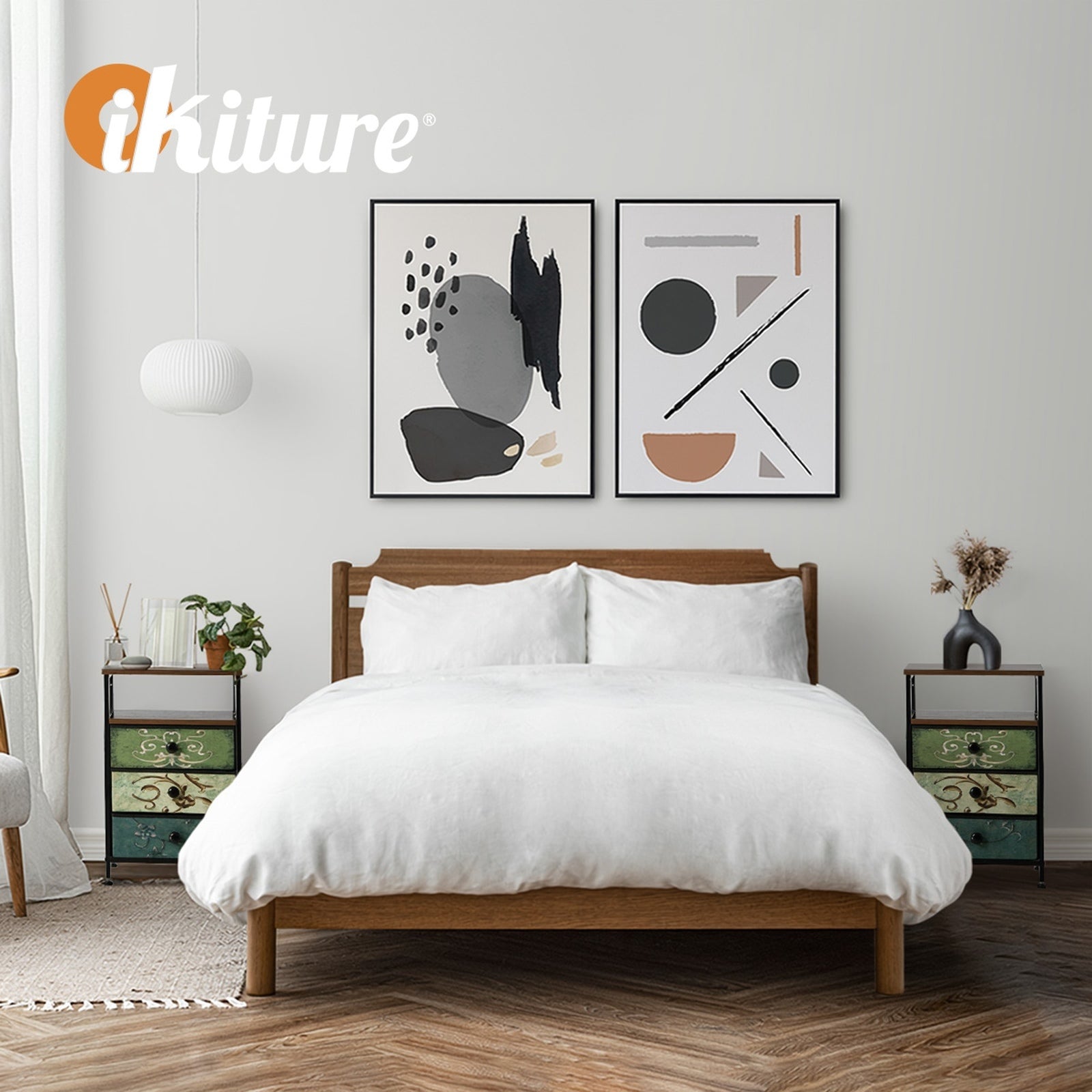 Oikiture 2pc Bedside Tables Fabric Nightstand 3 Drawers Retro End Table Shelf - Sunyee
