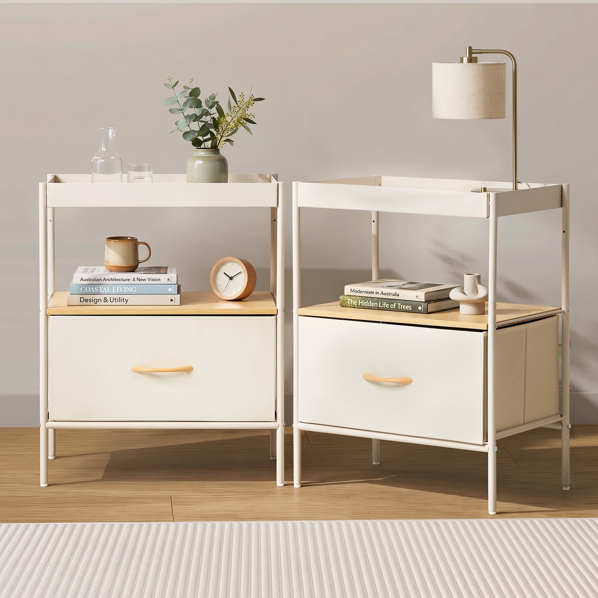 Oikiture 2pc Fabric Bedside Table Single Drawer Open Shelf Nightstand Beige