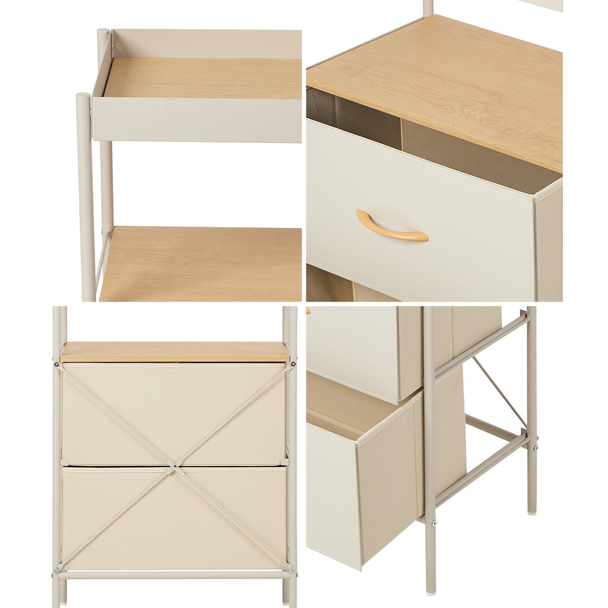 Oikiture Fabric Bedside Table 2 Drawer Open Shelf Nightstand Beige