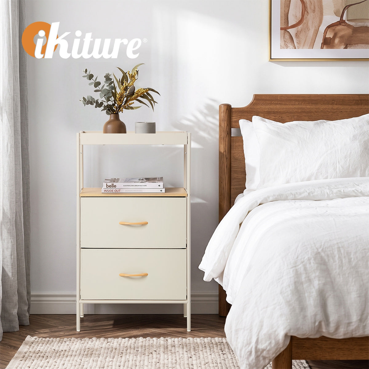 Oikiture Fabric Bedside Table 2 Drawer Open Shelf Nightstand Beige