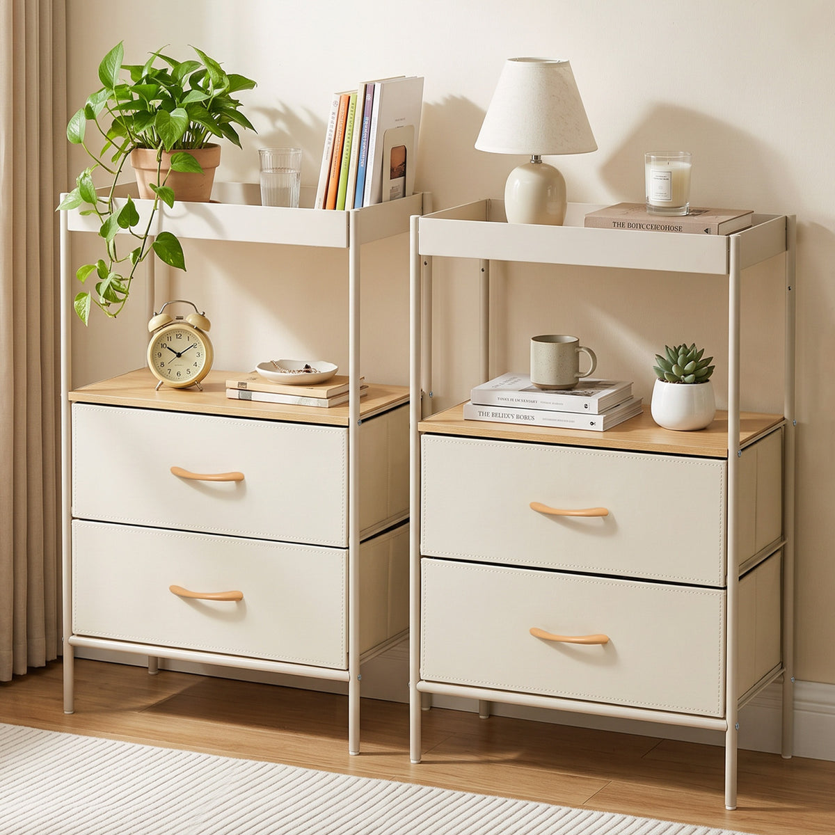 Oikiture 2pc Fabric Bedside Table 2 Drawer Open Shelf Nightstand Beige