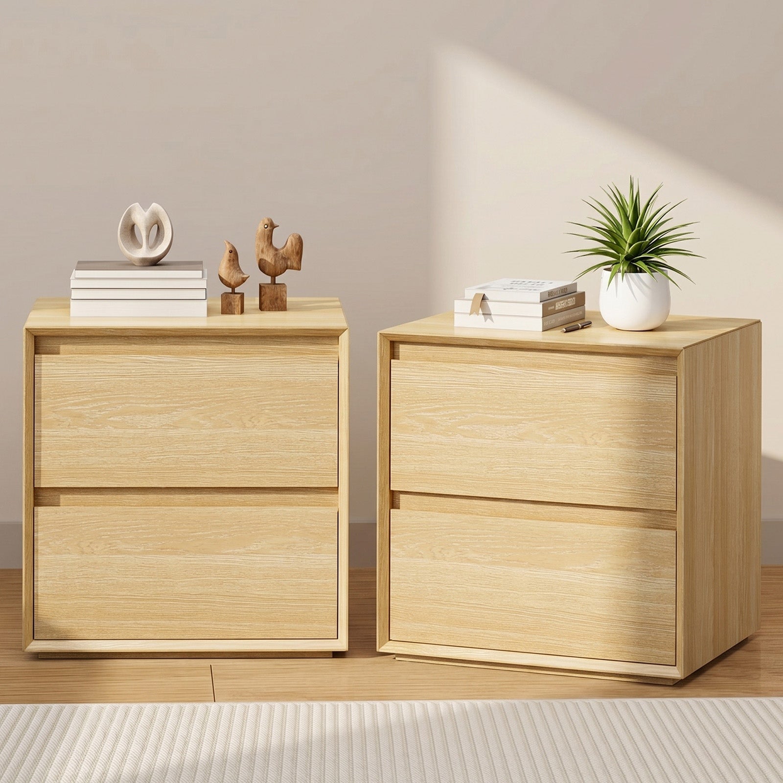 Oikiture 2pc Bedside Table 2 Drawers Bedroom Nightstand Handle-Free Natural