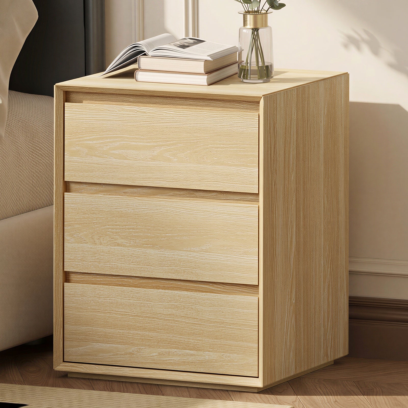 Oikiture Bedside Table 3 Drawers Nightstand Side Storage Handle-Free Natural