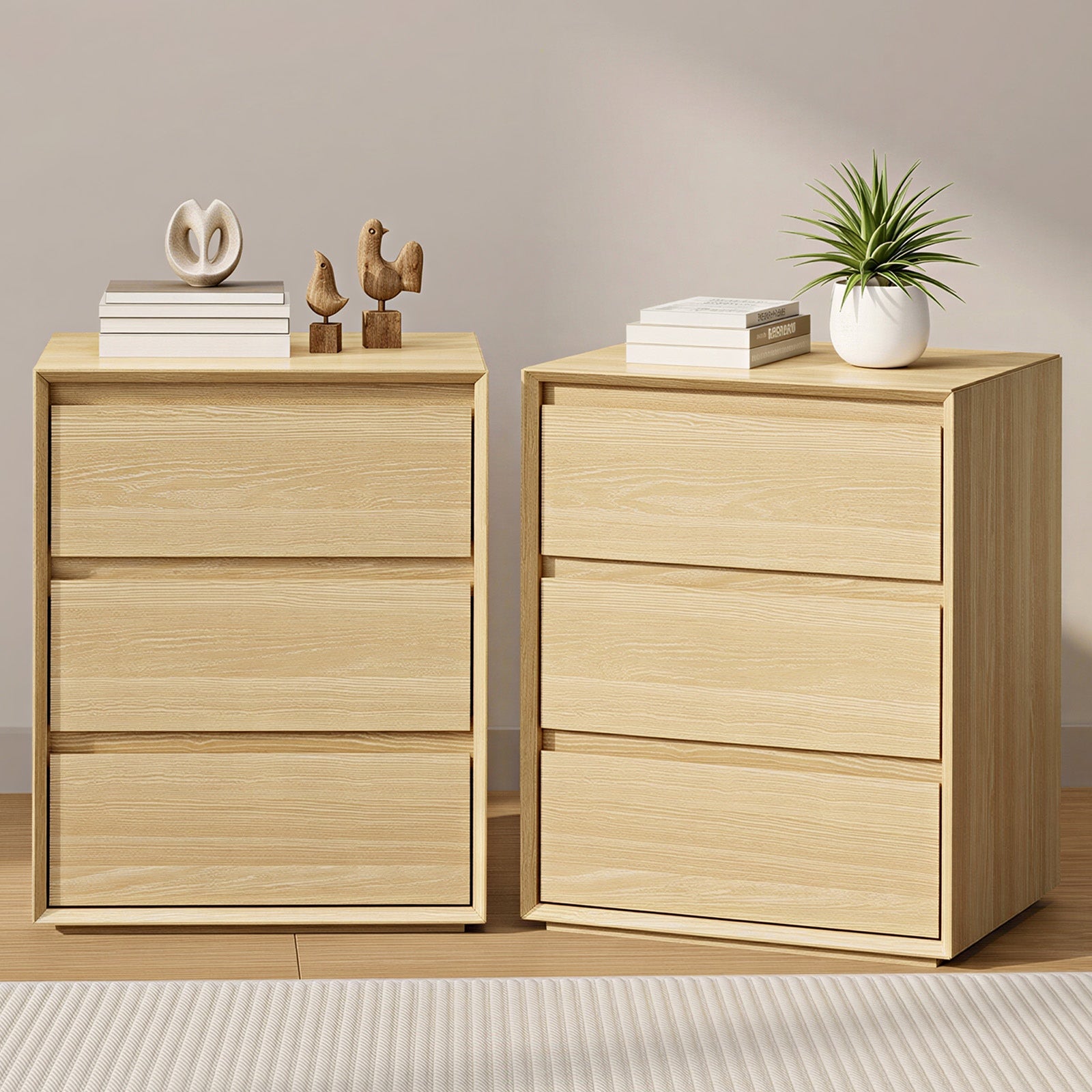 Oikiture 2pc Bedside Table 3 Drawers Nightstand Side Storage Handle-Free Natural