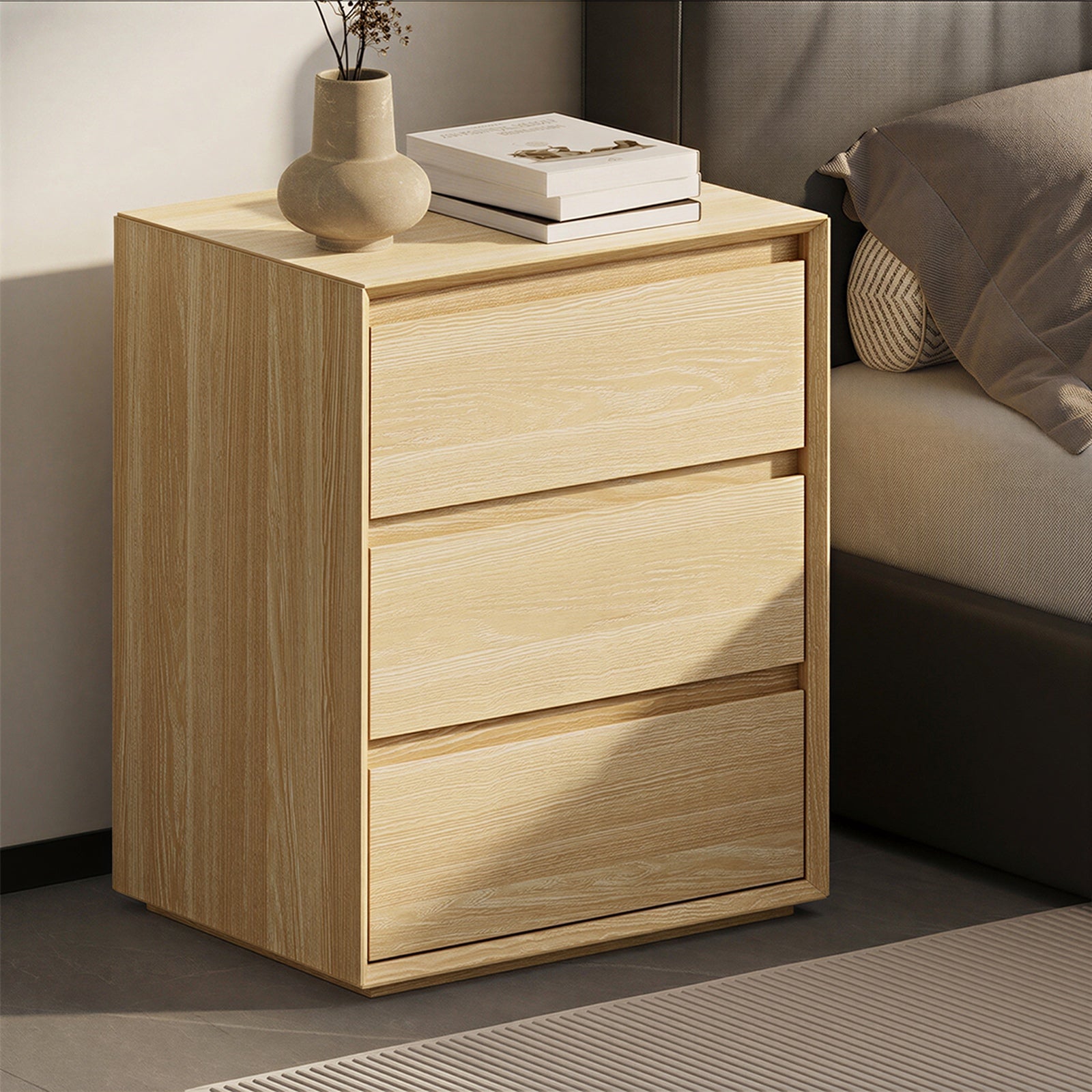 Oikiture 2pc Bedside Table 3 Drawers Nightstand Side Storage Handle-Free Natural