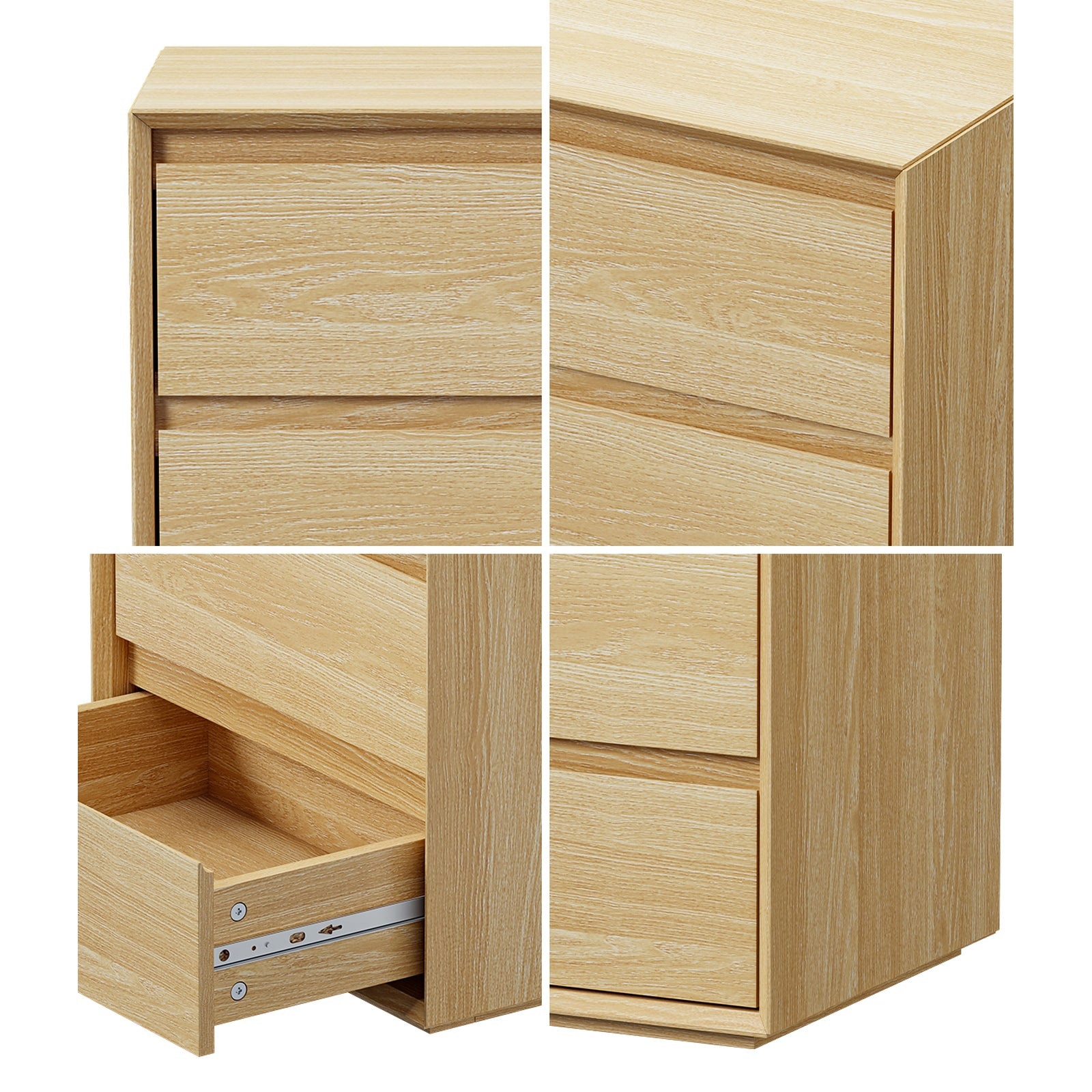 Oikiture 2pc Bedside Table 3 Drawers Nightstand Side Storage Handle-Free Natural