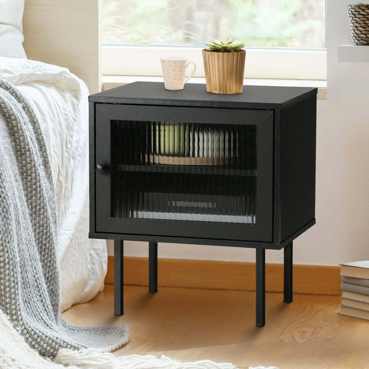 Oikiture Bedside Tables Nightstand Storage Cabinet Side End Table Wood Black - Sunyee