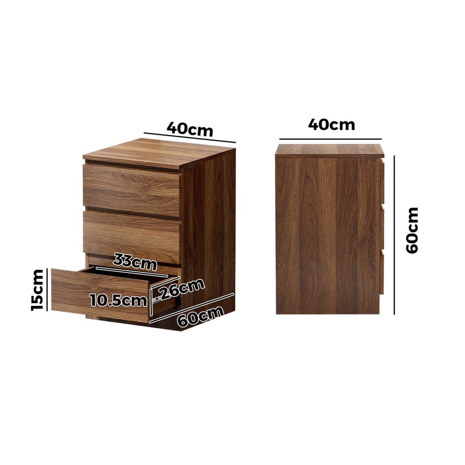 Oikiture 2x Bedside Table 3 Drawers Side End Table Storage Cabinet Walnut - Sunyee