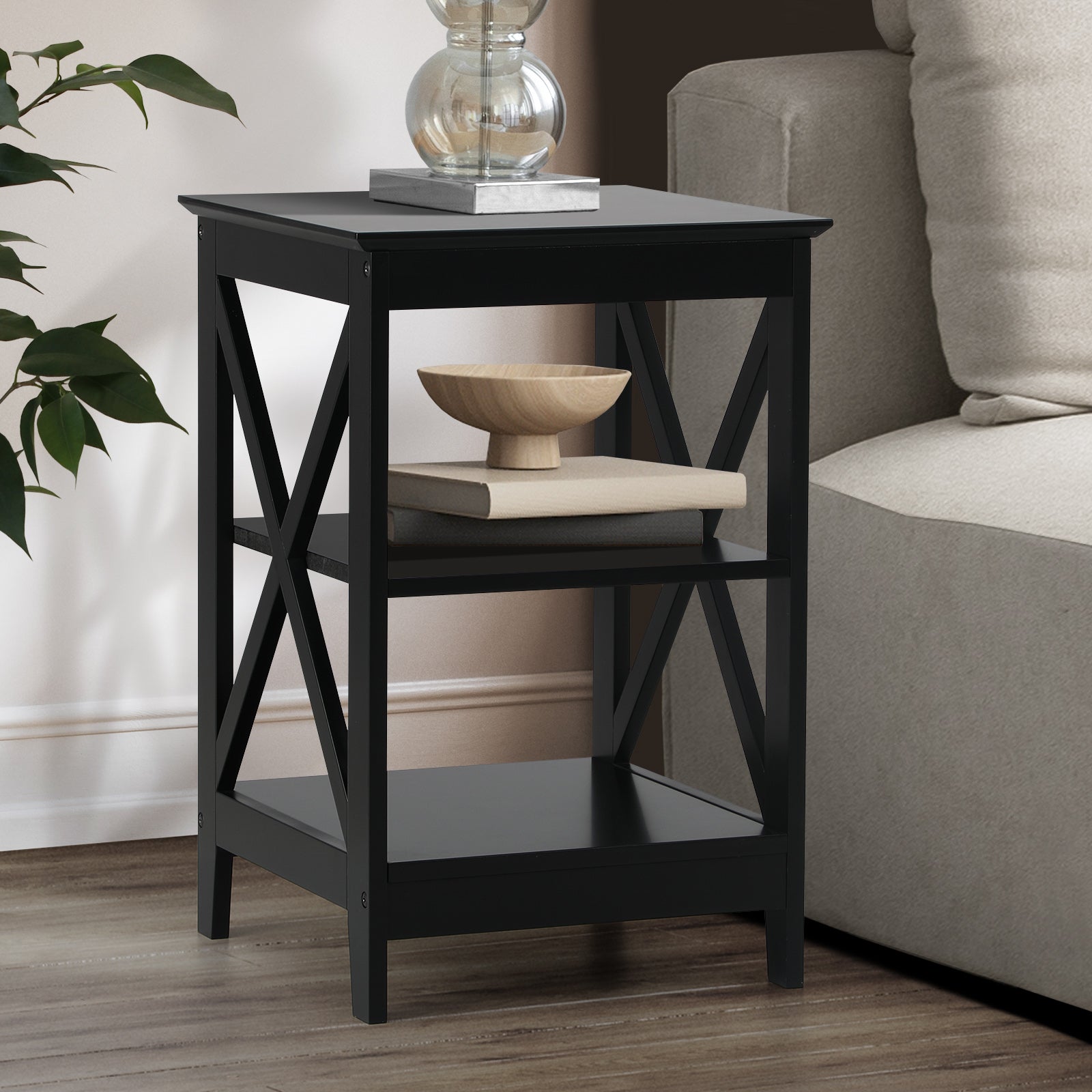 Oikiture Side Table Coffee Bedside Sofa End Tables 3-tier Shelf Black - Sunyee