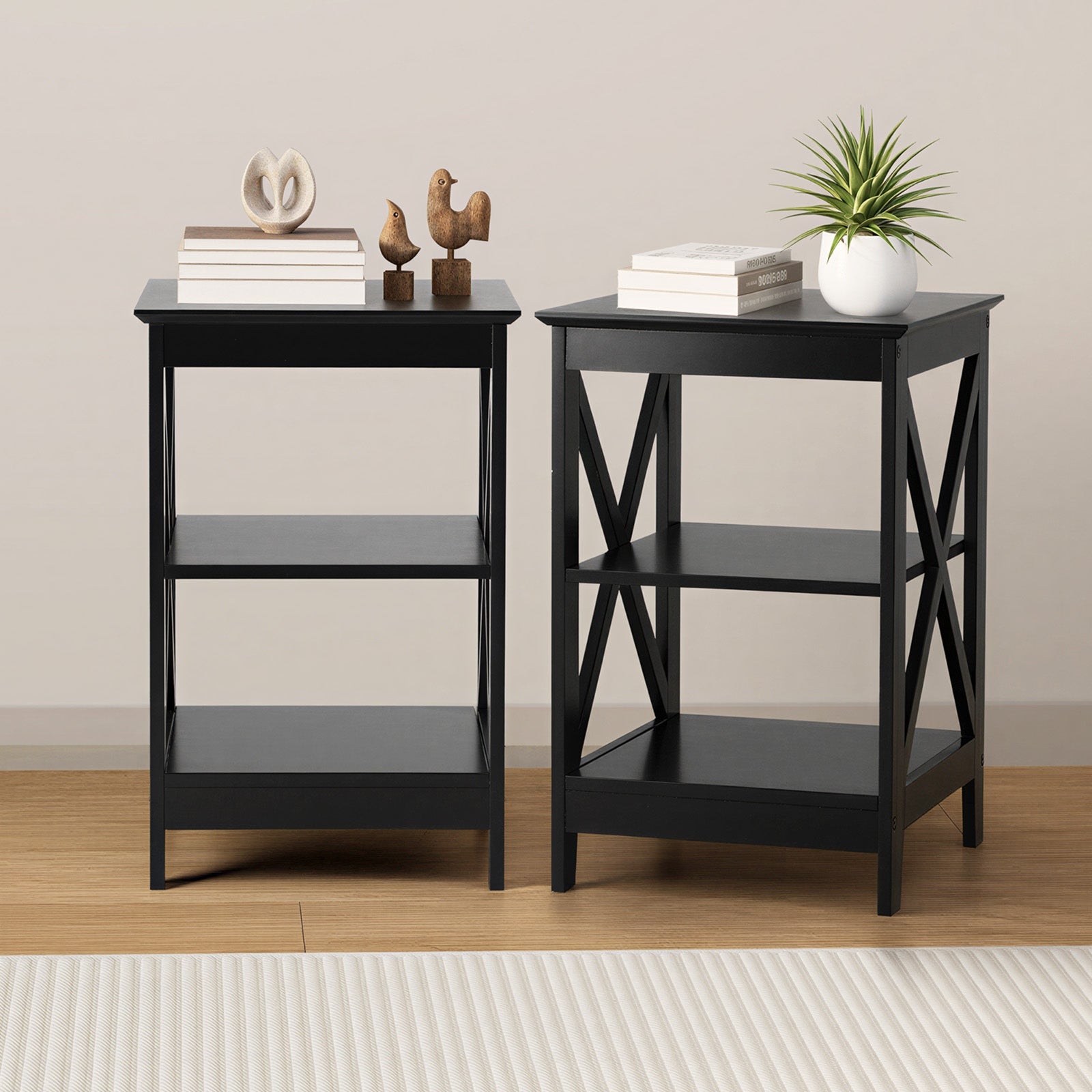 Oikiture 2x Side Table Coffee Bedside Sofa End Tables 3-tier Shelf Black - Sunyee