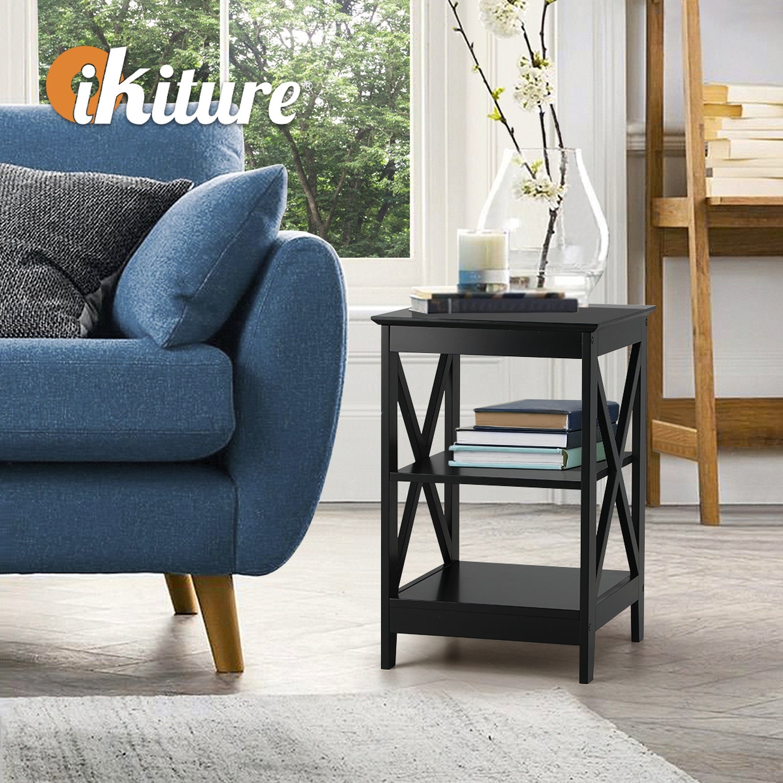 Oikiture 2x Side Table Coffee Bedside Sofa End Tables 3-tier Shelf Black - Sunyee