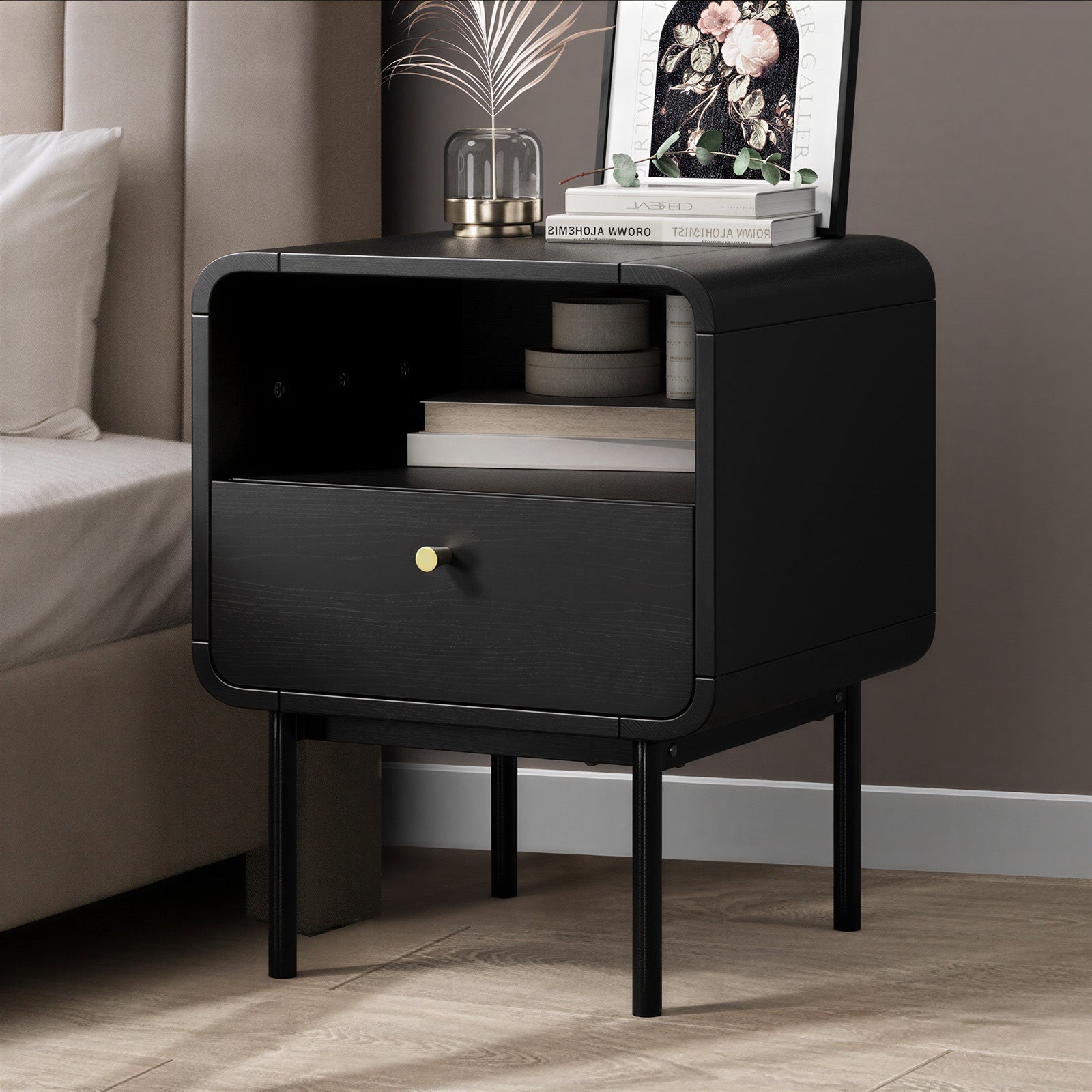 Oikiture Bedside Table Side Table Bedroom Storage Nightstand Metal Black - Sunyee