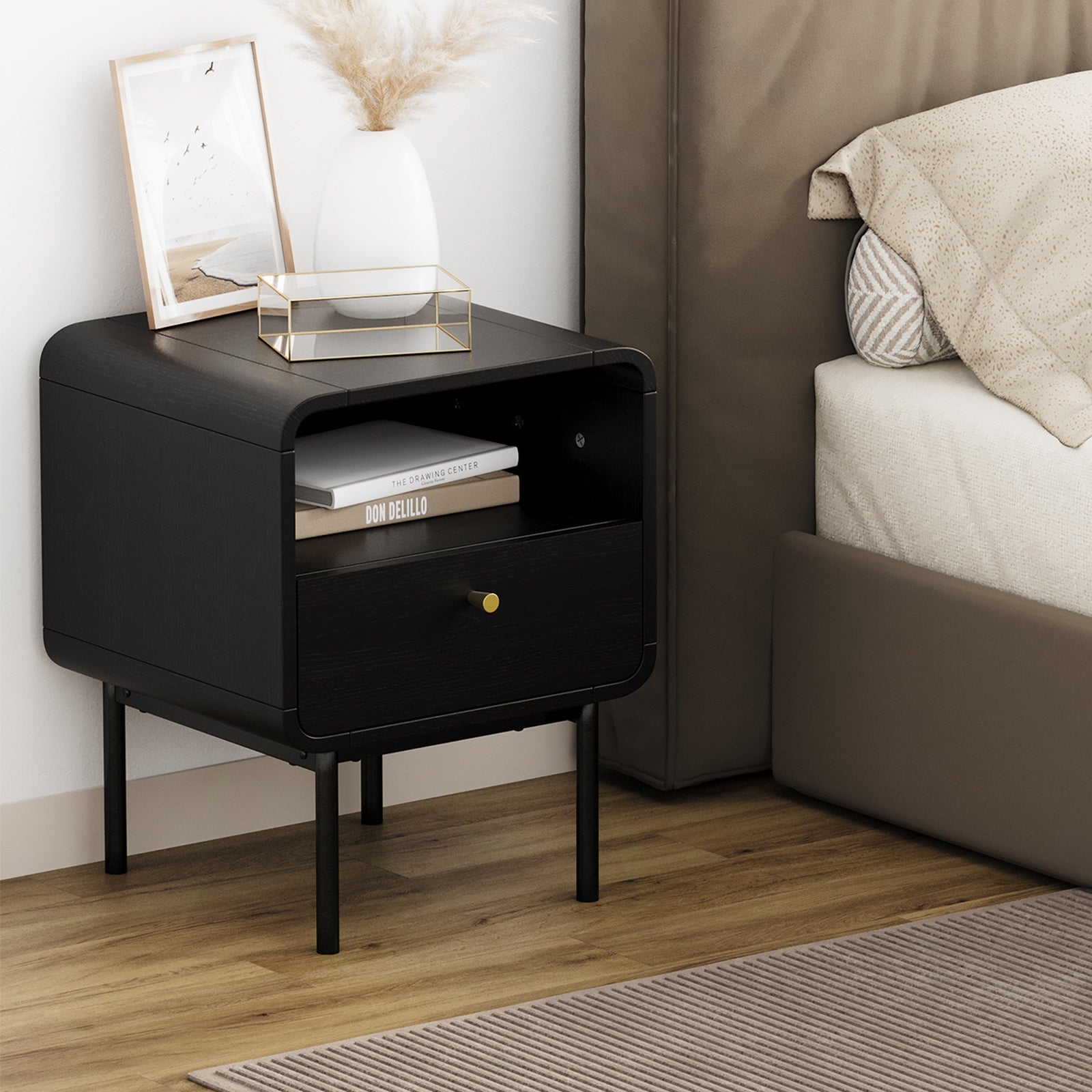 Oikiture Bedside Table Side Table Bedroom Storage Nightstand Metal Black - Sunyee