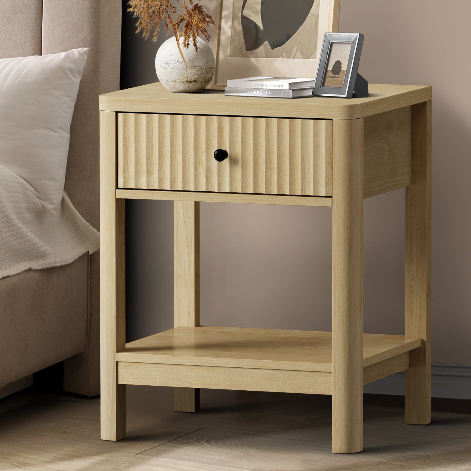 Oikiture Bedside Table Drawer Side End Table Shelfs Storage Nightstand Natural - Sunyee