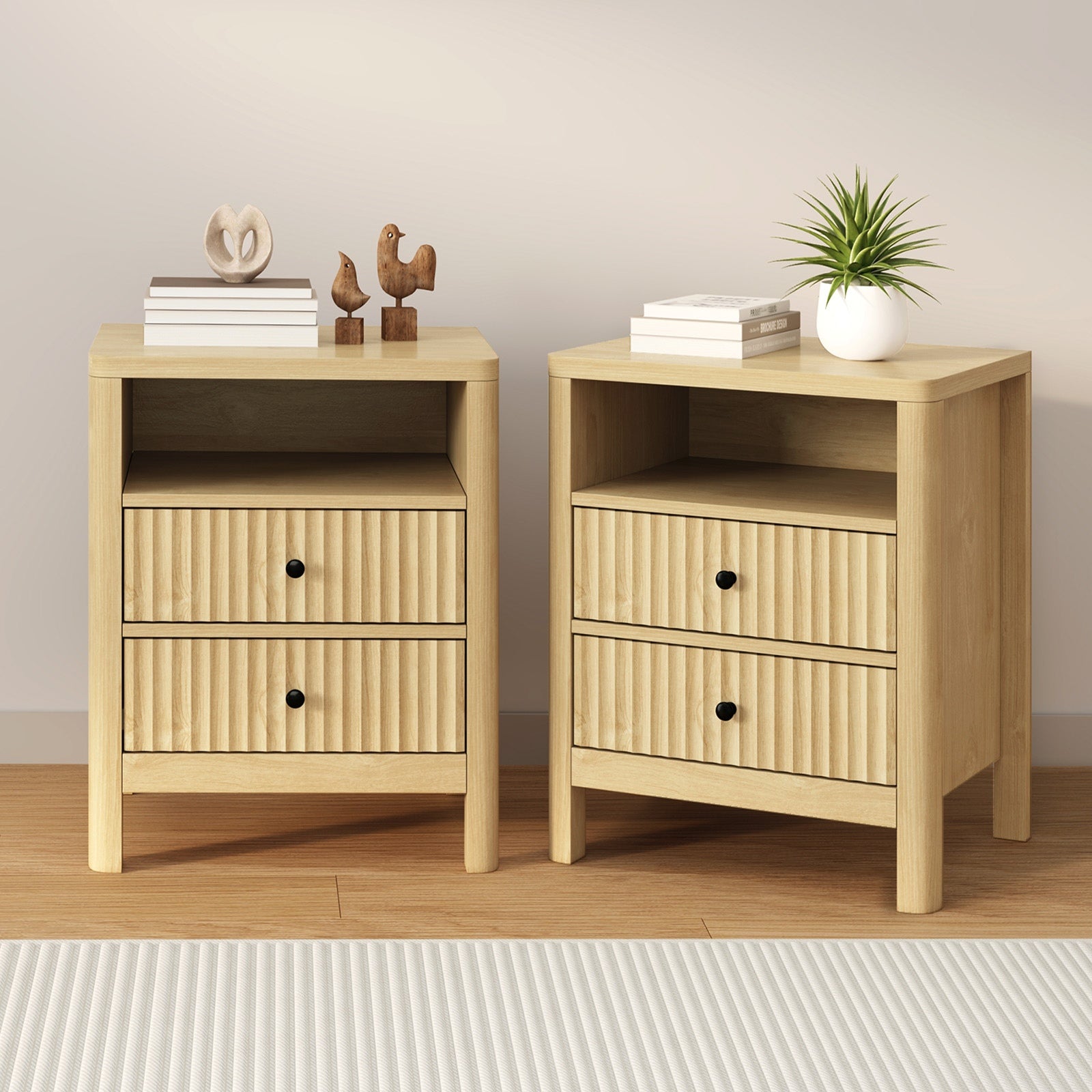 Oikiture 2x Bedside Table 2 Drawers Side End Table Nightstand Open Shelf Natural - Sunyee