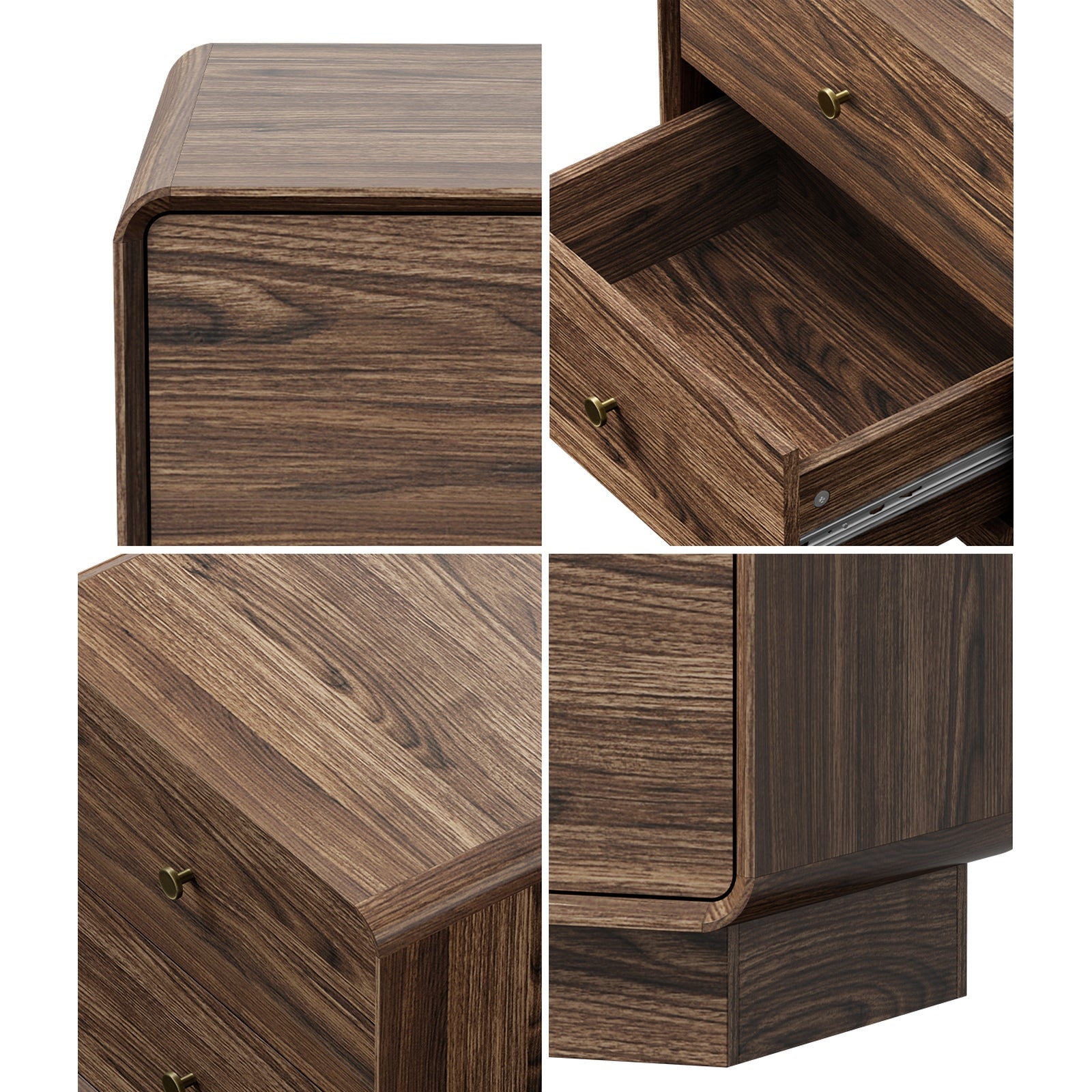 Oikiture Bedside Table 2 Drawers Nightstand Round Corner Storage Walnut