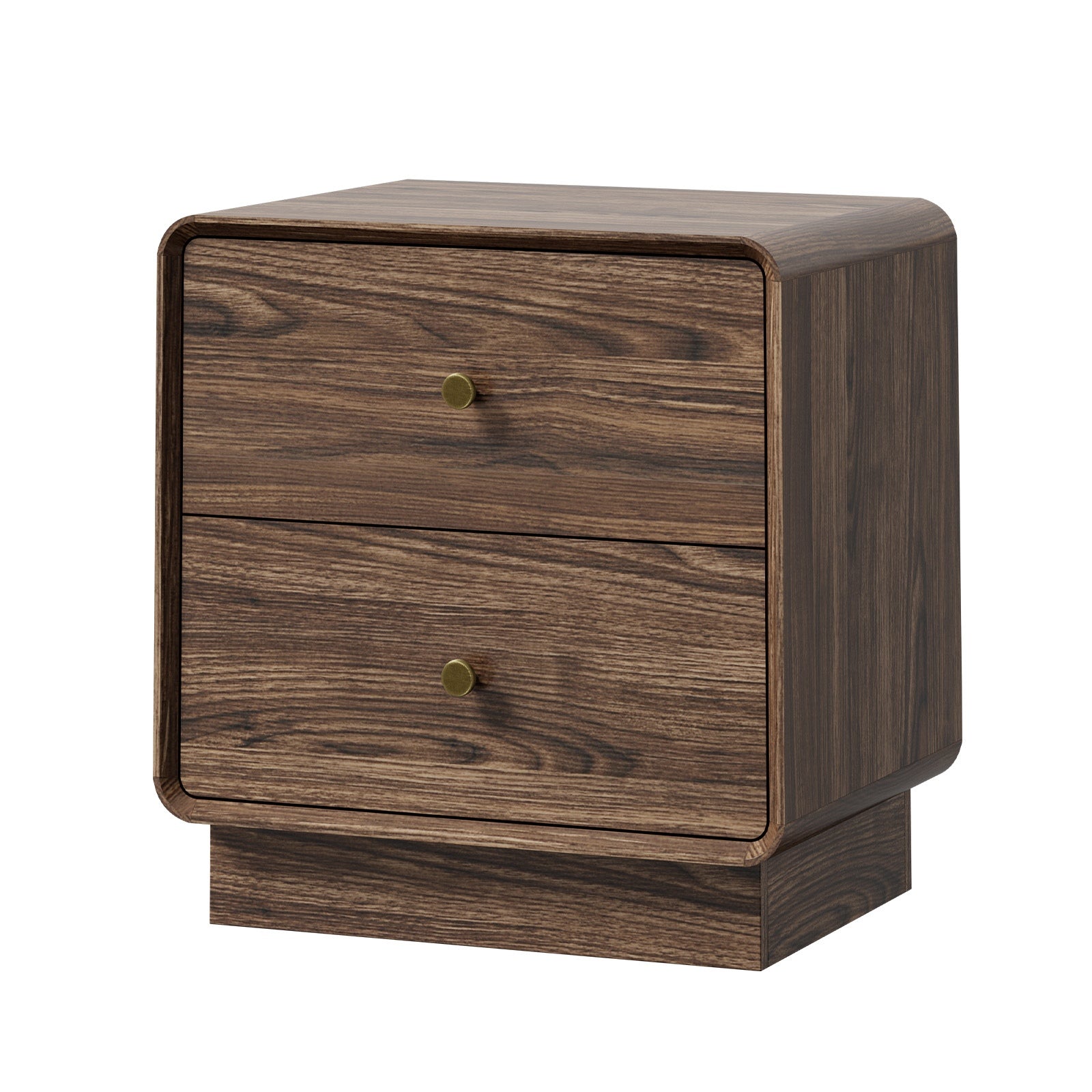 Oikiture Bedside Table 2 Drawers Nightstand Round Corner Storage Walnut
