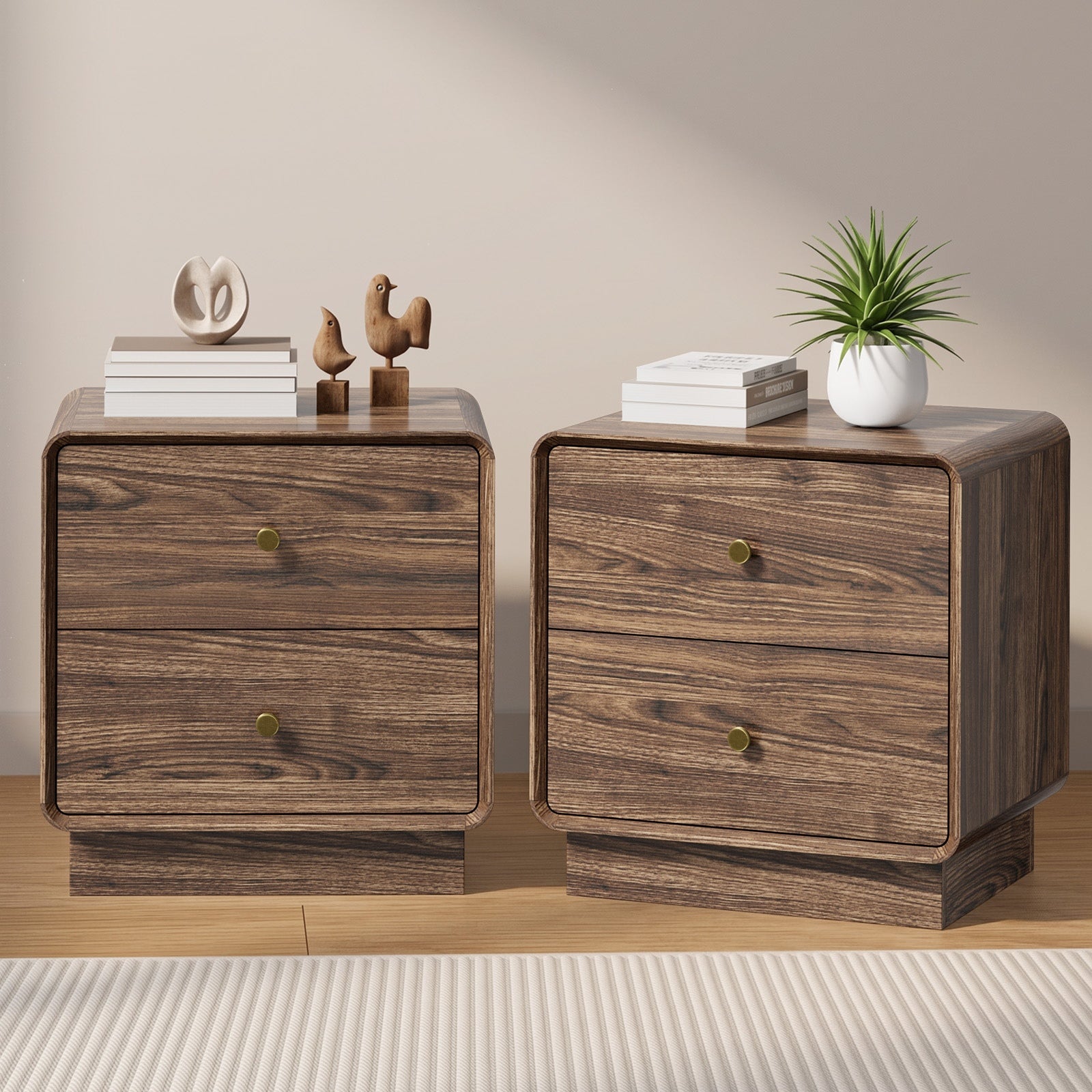 Oikiture 2pc Bedside Table 2 Drawers Nightstand Round Corner Storage Walnut