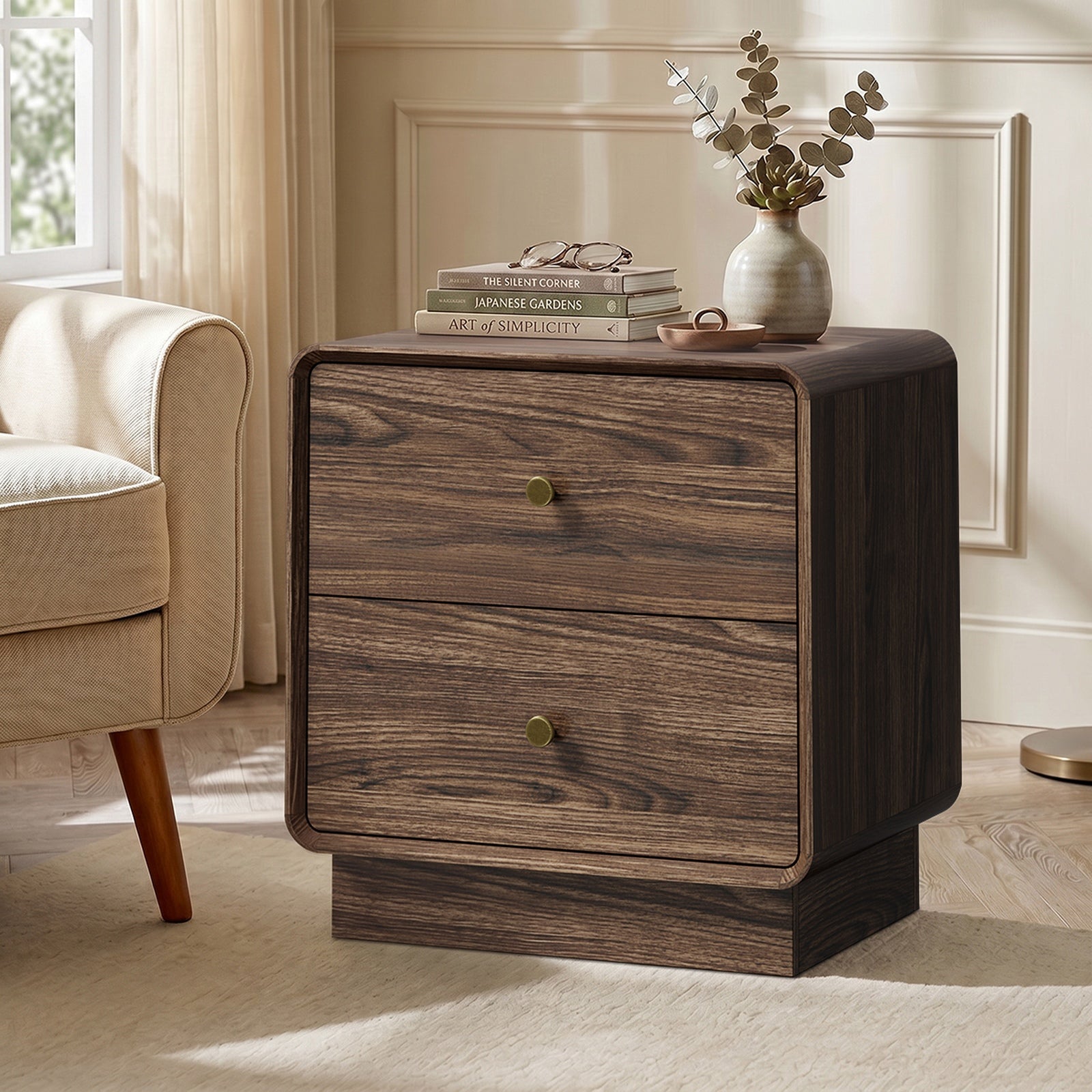 Oikiture 2pc Bedside Table 2 Drawers Nightstand Round Corner Storage Walnut