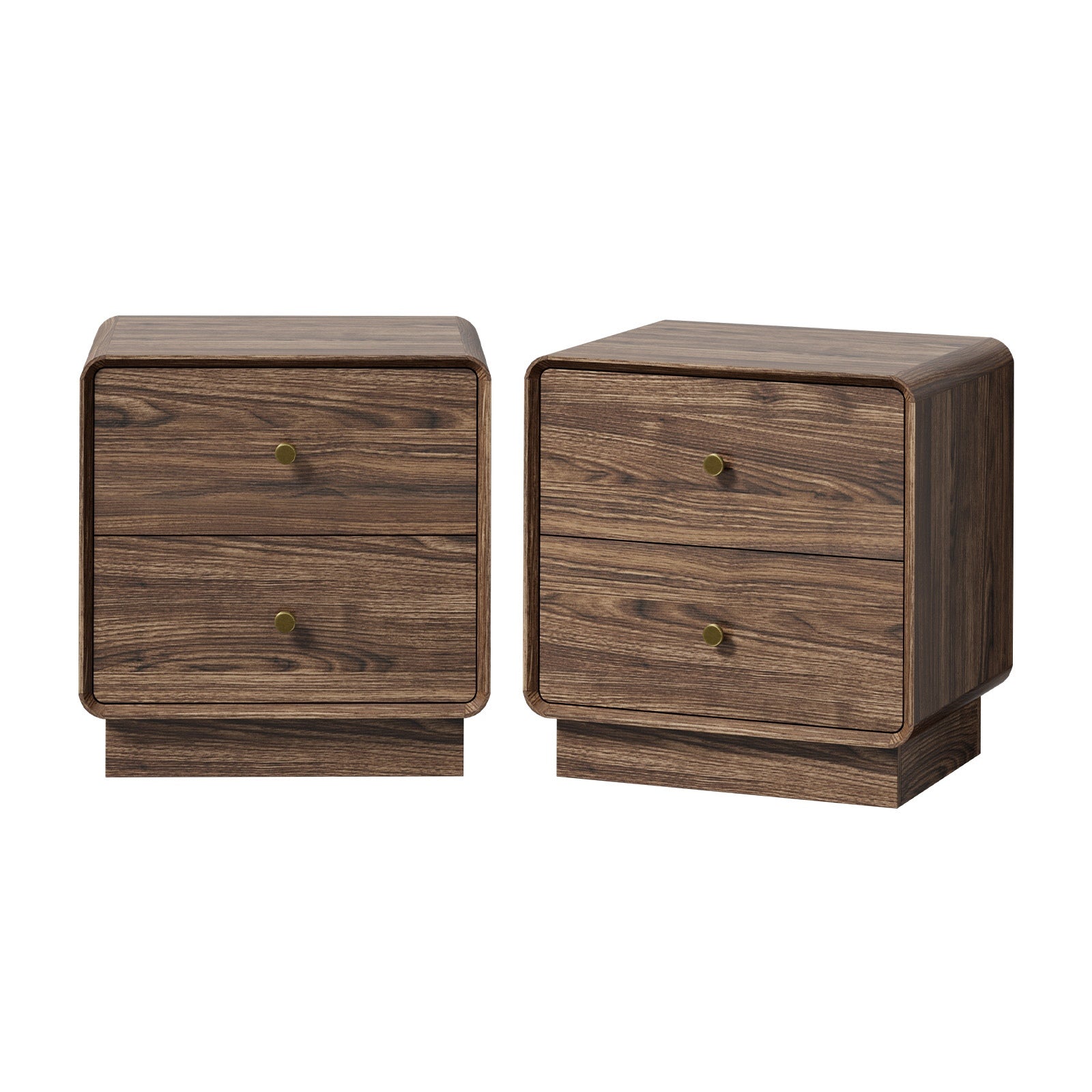 Oikiture 2pc Bedside Table 2 Drawers Nightstand Round Corner Storage Walnut