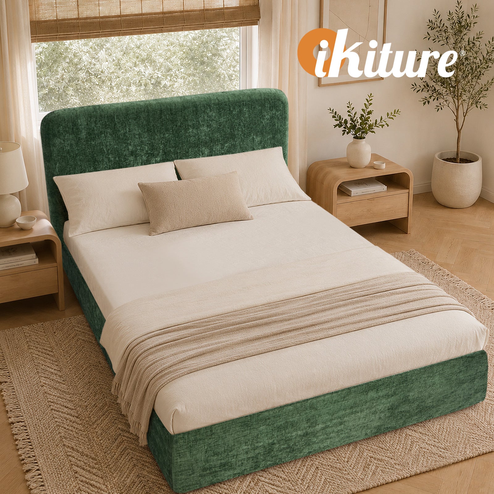 Oikiture Double Compressed Upholstered Bed Frame with Headboard Chenille Green