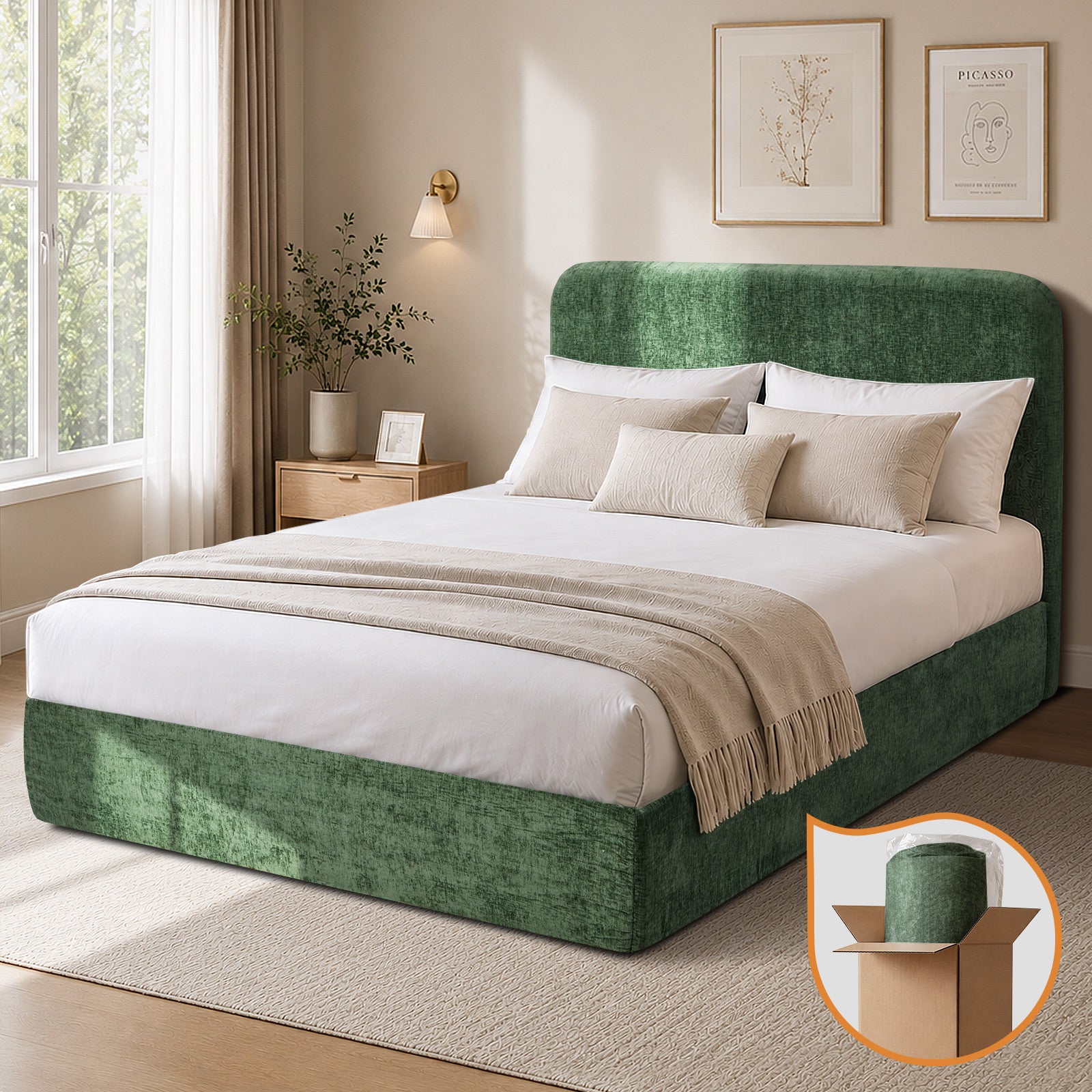 Oikiture Queen Compressed Upholstered Bed Frame with Headboard Chenille Green