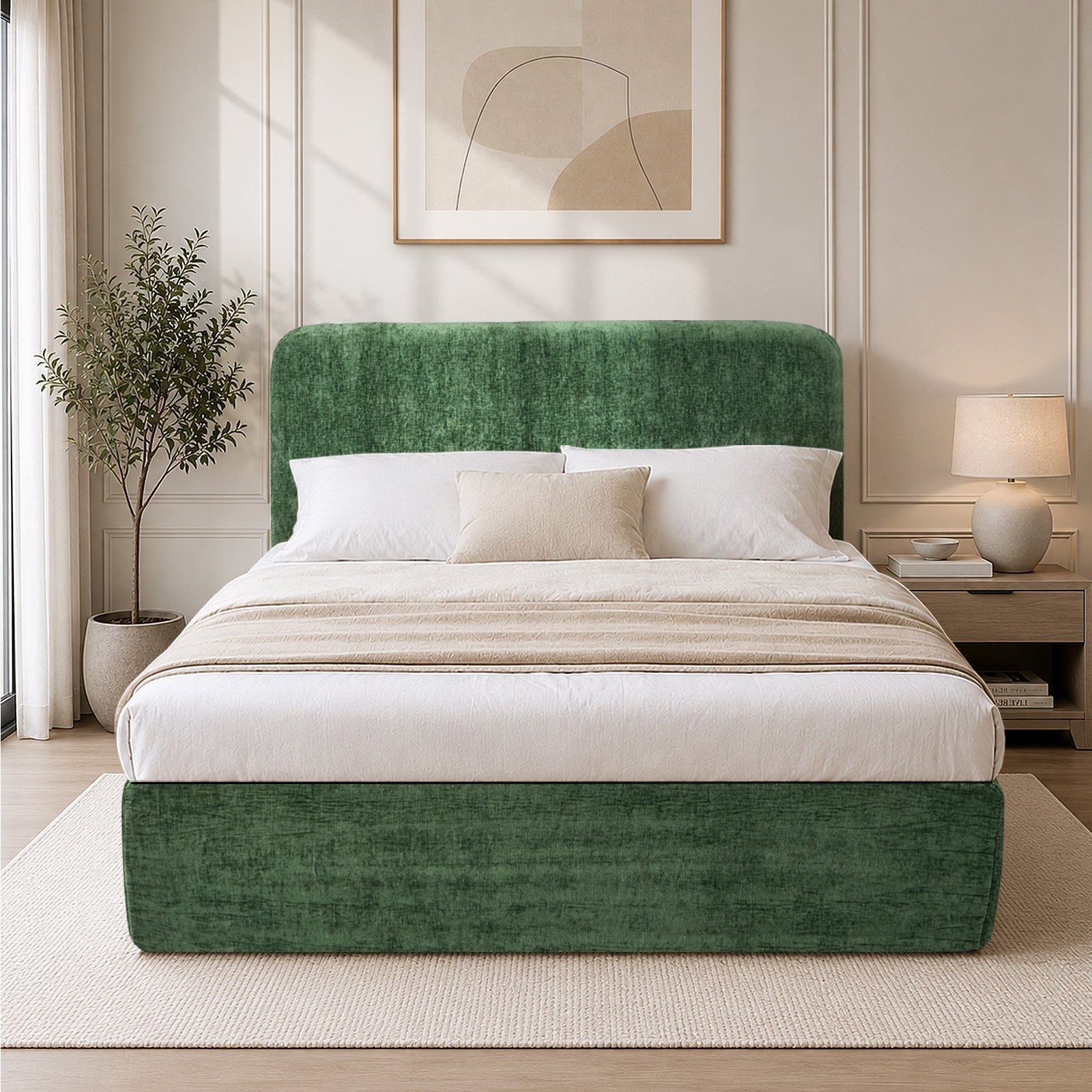 Oikiture Queen Compressed Upholstered Bed Frame with Headboard Chenille Green