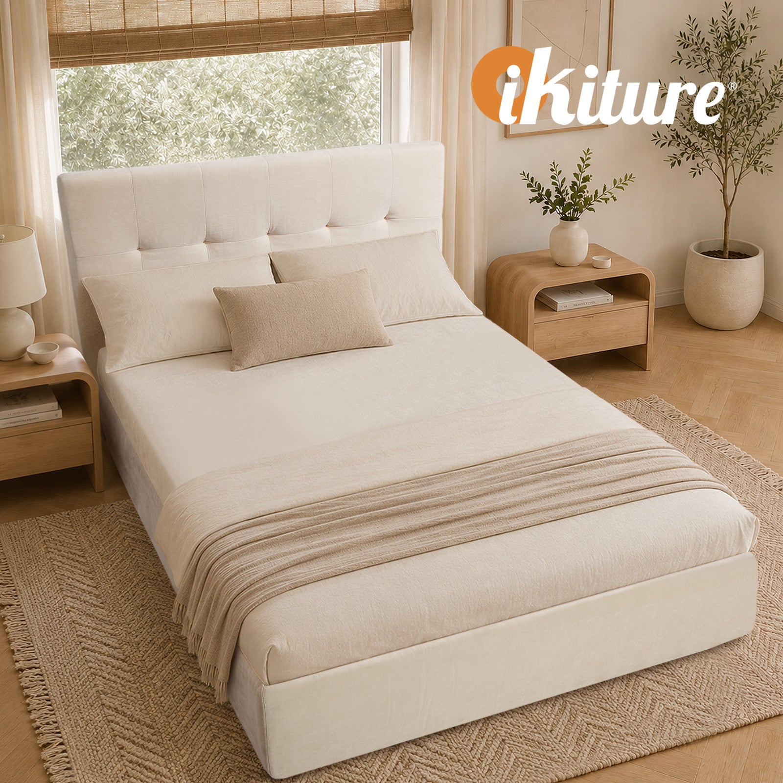 Oikiture Double Compressed Bed Frame Tufted Headboard Low Platform Linen Beige
