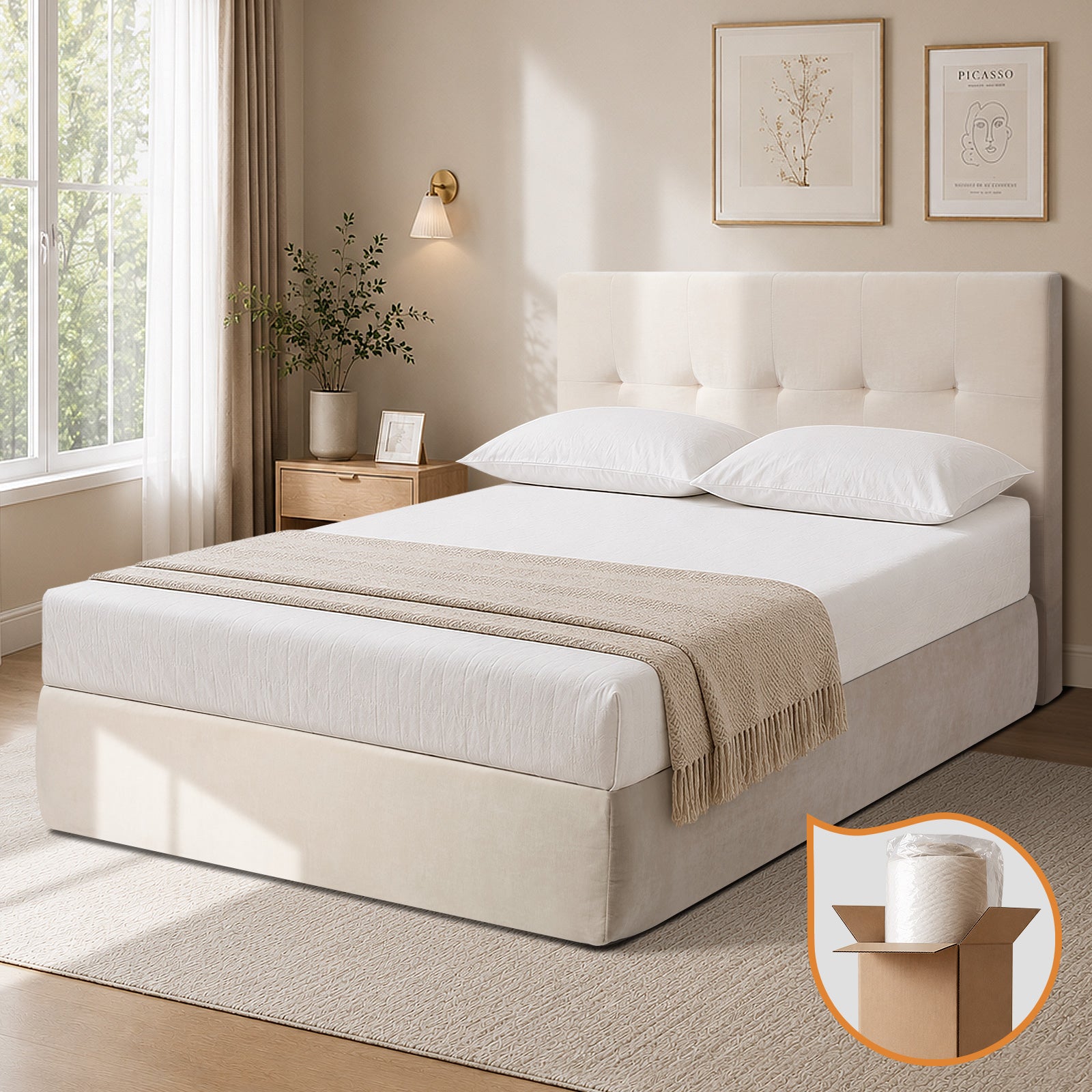 Oikiture Queen Compressed Bed Frame Tufted Headboard Low Platform Linen Beige