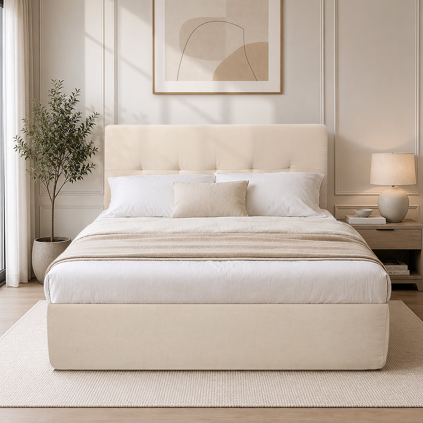 Oikiture Queen Compressed Bed Frame Tufted Headboard Low Platform Linen Beige