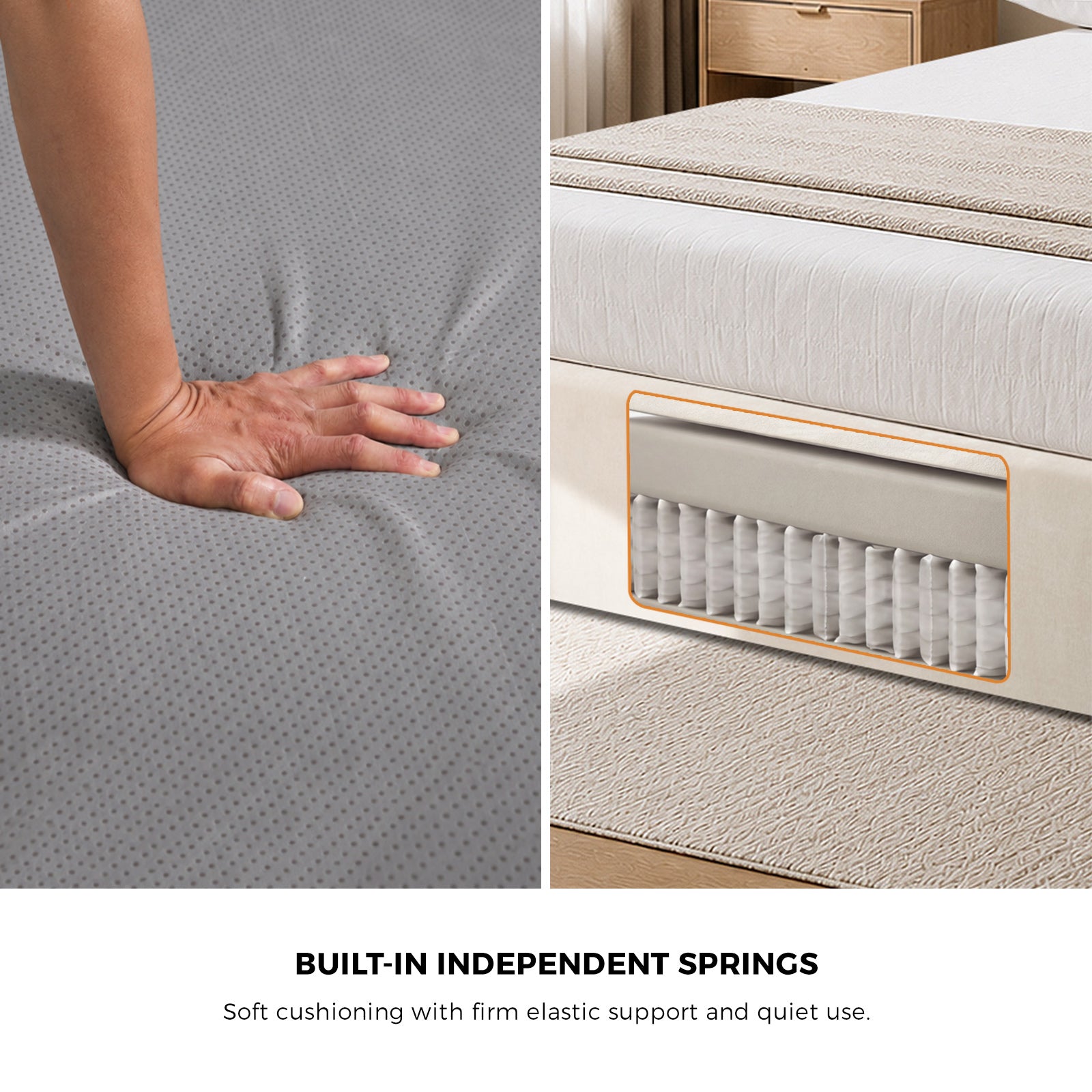 Oikiture Queen Compressed Bed Frame Tufted Headboard Low Platform Linen Beige