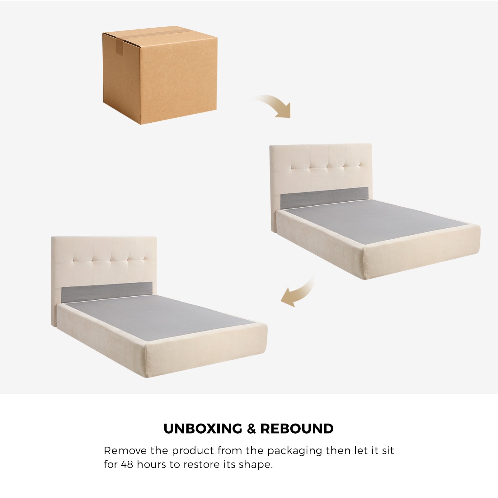 Oikiture Queen Compressed Bed Frame Tufted Headboard Low Platform Linen Beige