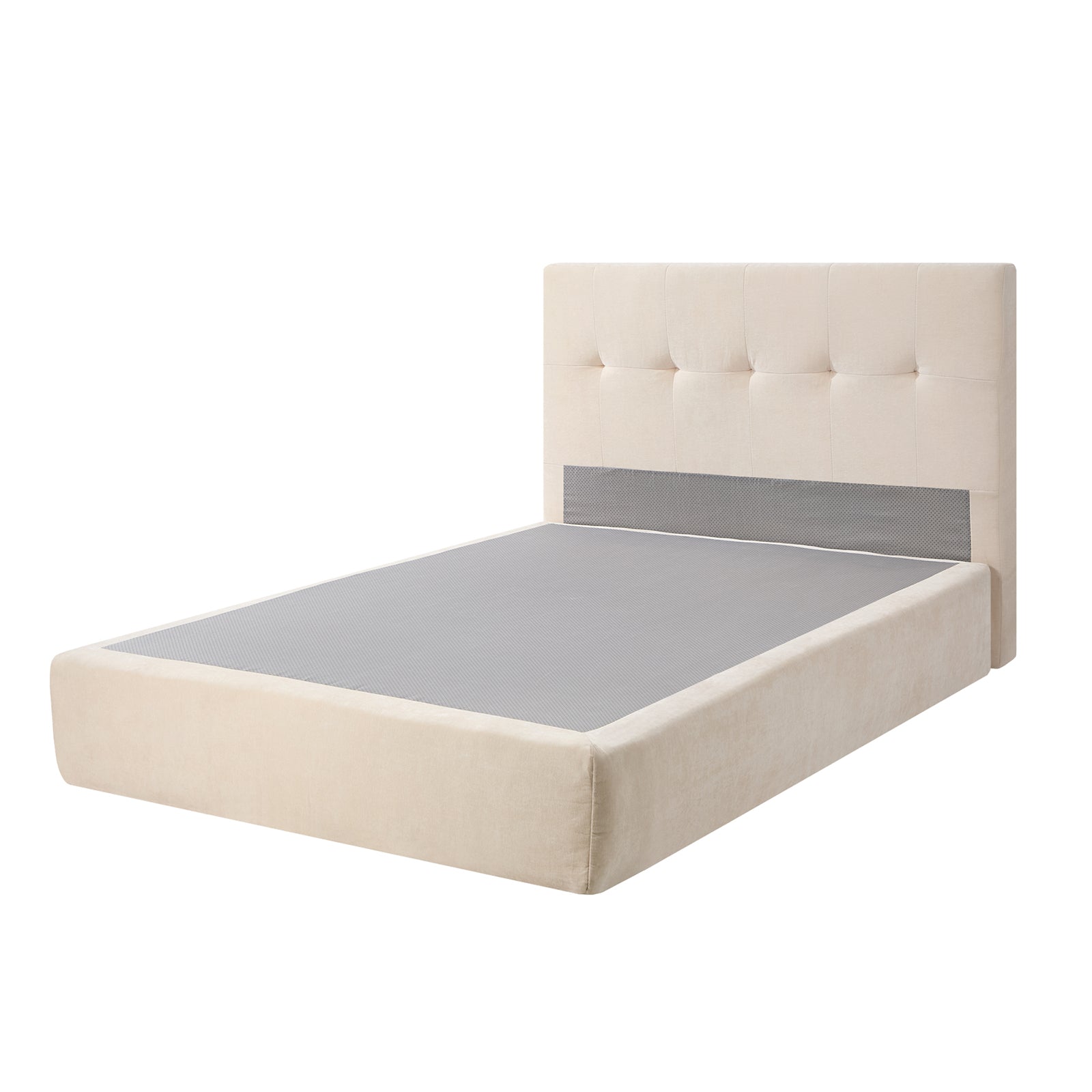Oikiture Queen Compressed Bed Frame Tufted Headboard Low Platform Linen Beige