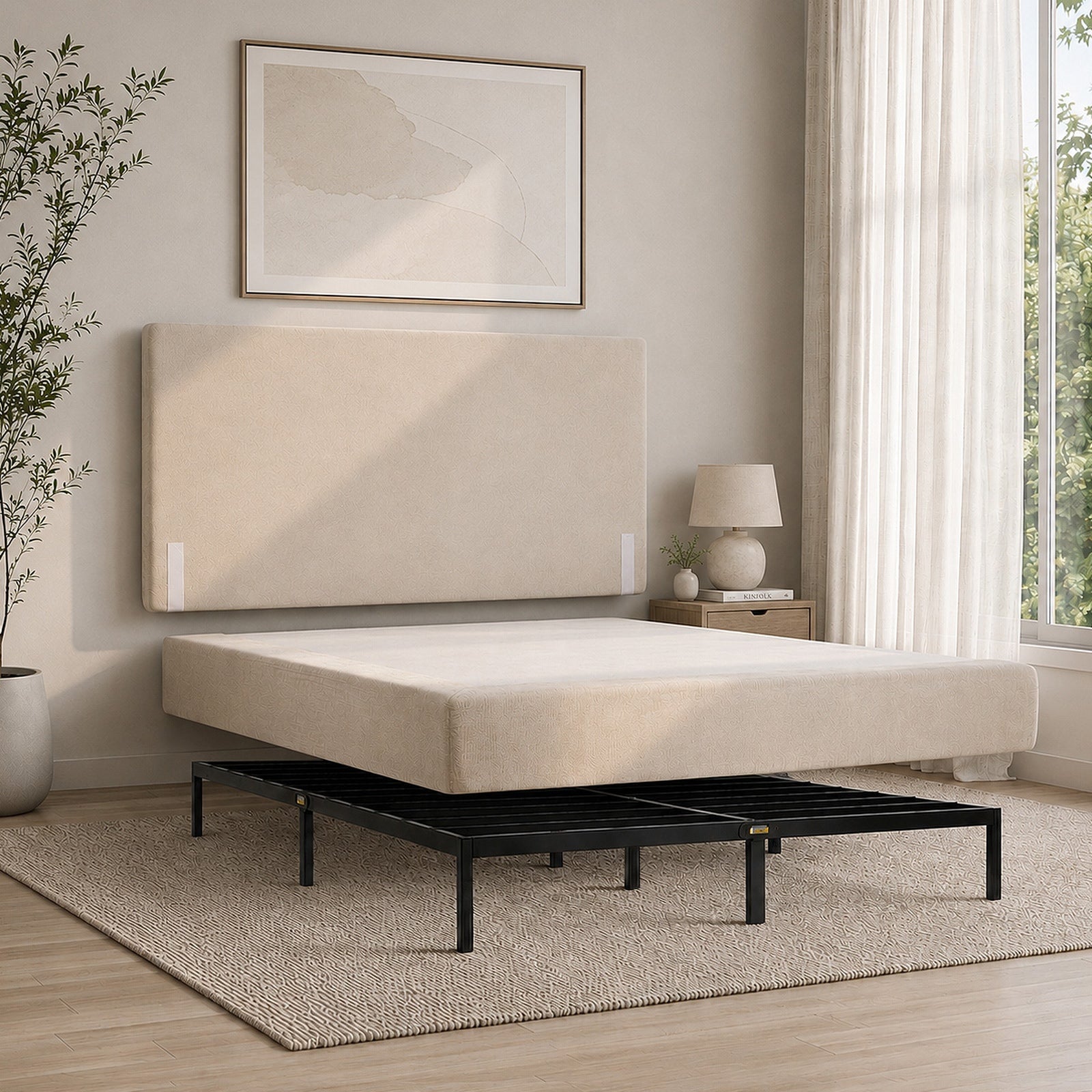 Oikiture Double Upholstered Fabric Bed Frame Internal Metal Base Chenille Beige