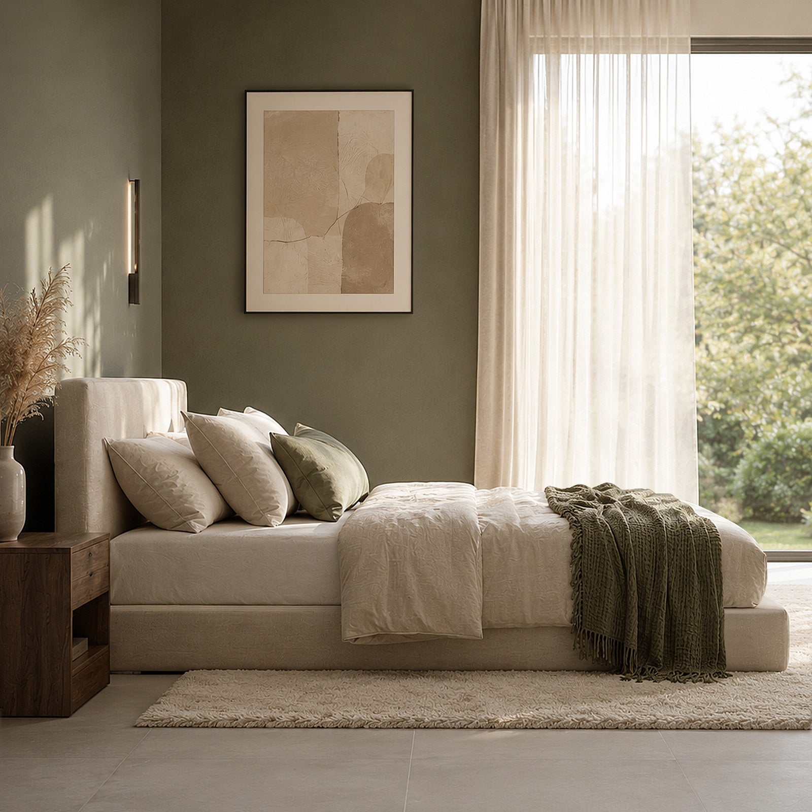 Oikiture Double Upholstered Fabric Bed Frame Internal Metal Base Chenille Beige