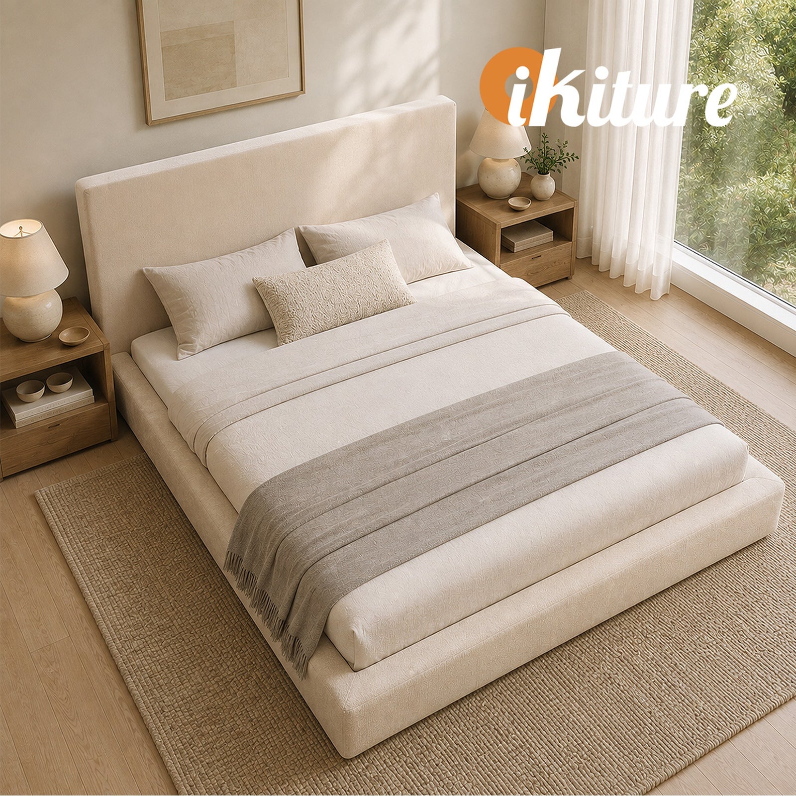 Oikiture Double Upholstered Fabric Bed Frame Internal Metal Base Chenille Beige